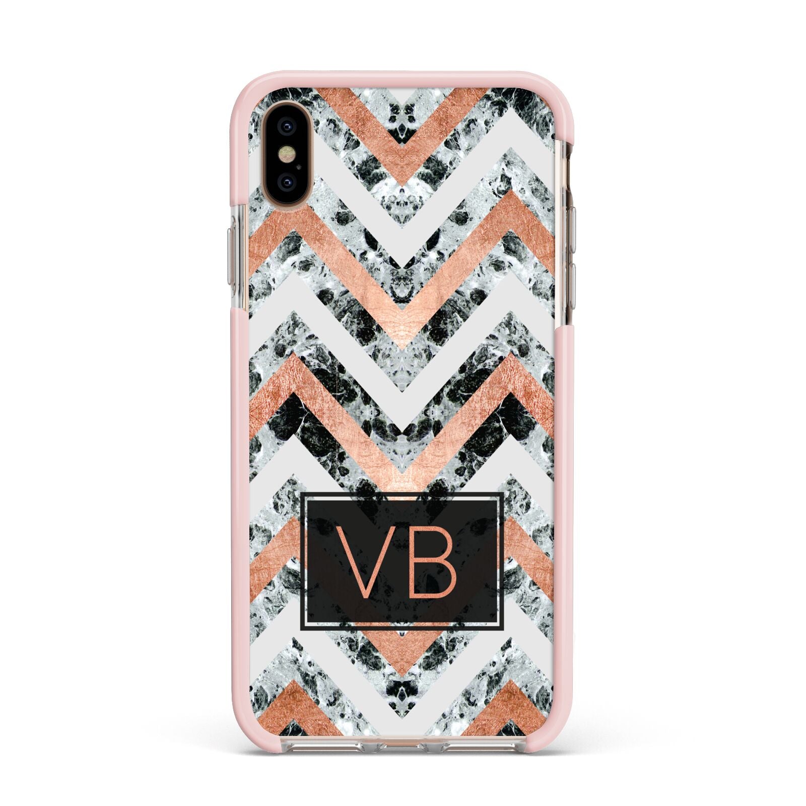 Personalised Chevron Marble Initials Apple iPhone Xs Max Impact Case Pink Edge on Gold Phone
