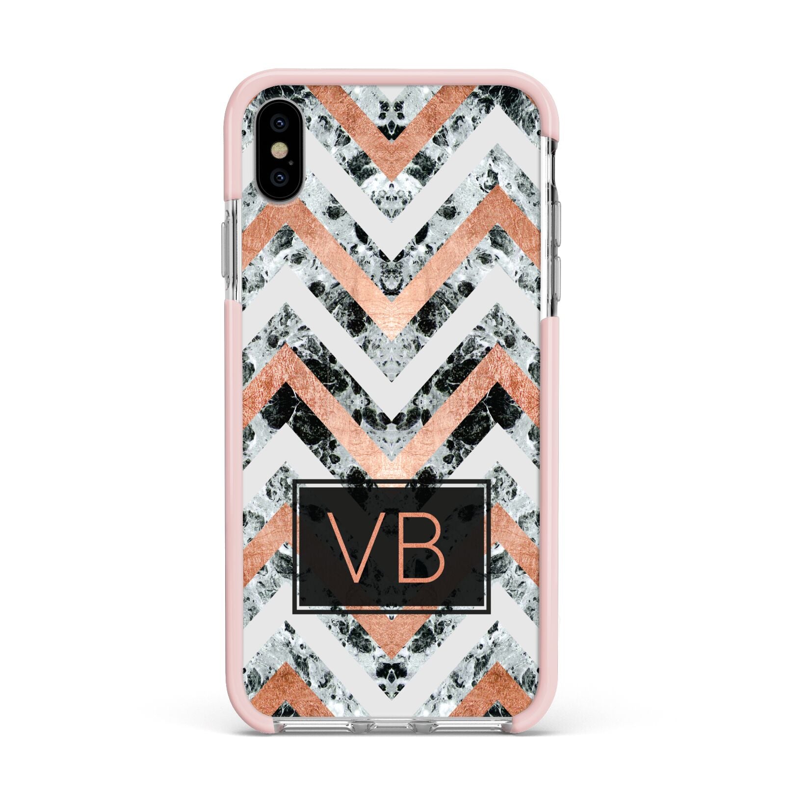 Personalised Chevron Marble Initials Apple iPhone Xs Max Impact Case Pink Edge on Silver Phone