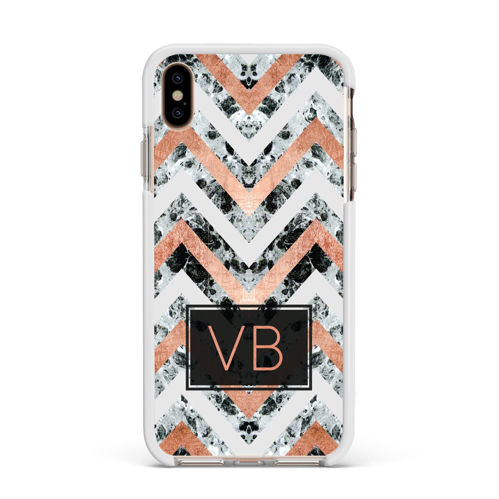 Personalised Chevron Marble Initials Apple iPhone Xs Max Impact Case White Edge on Gold Phone