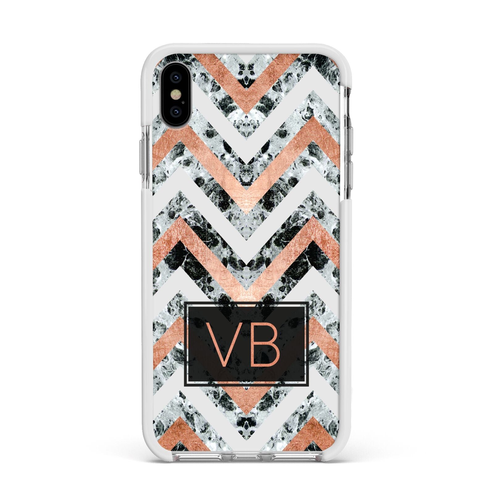Personalised Chevron Marble Initials Apple iPhone Xs Max Impact Case White Edge on Silver Phone