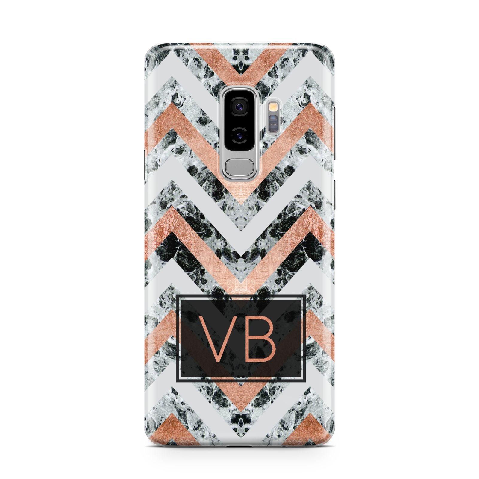 Personalised Chevron Marble Initials Samsung Galaxy S9 Plus Case on Silver phone