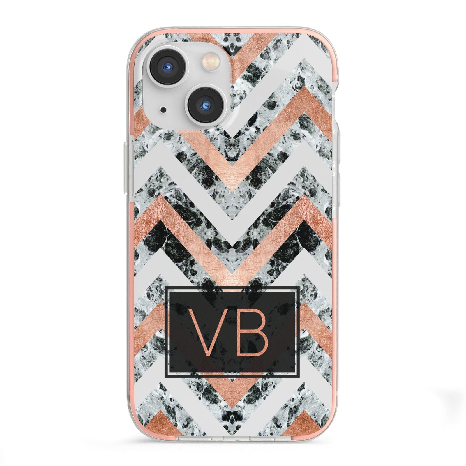 Personalised Chevron Marble Initials iPhone 13 Mini TPU Impact Case with Pink Edges