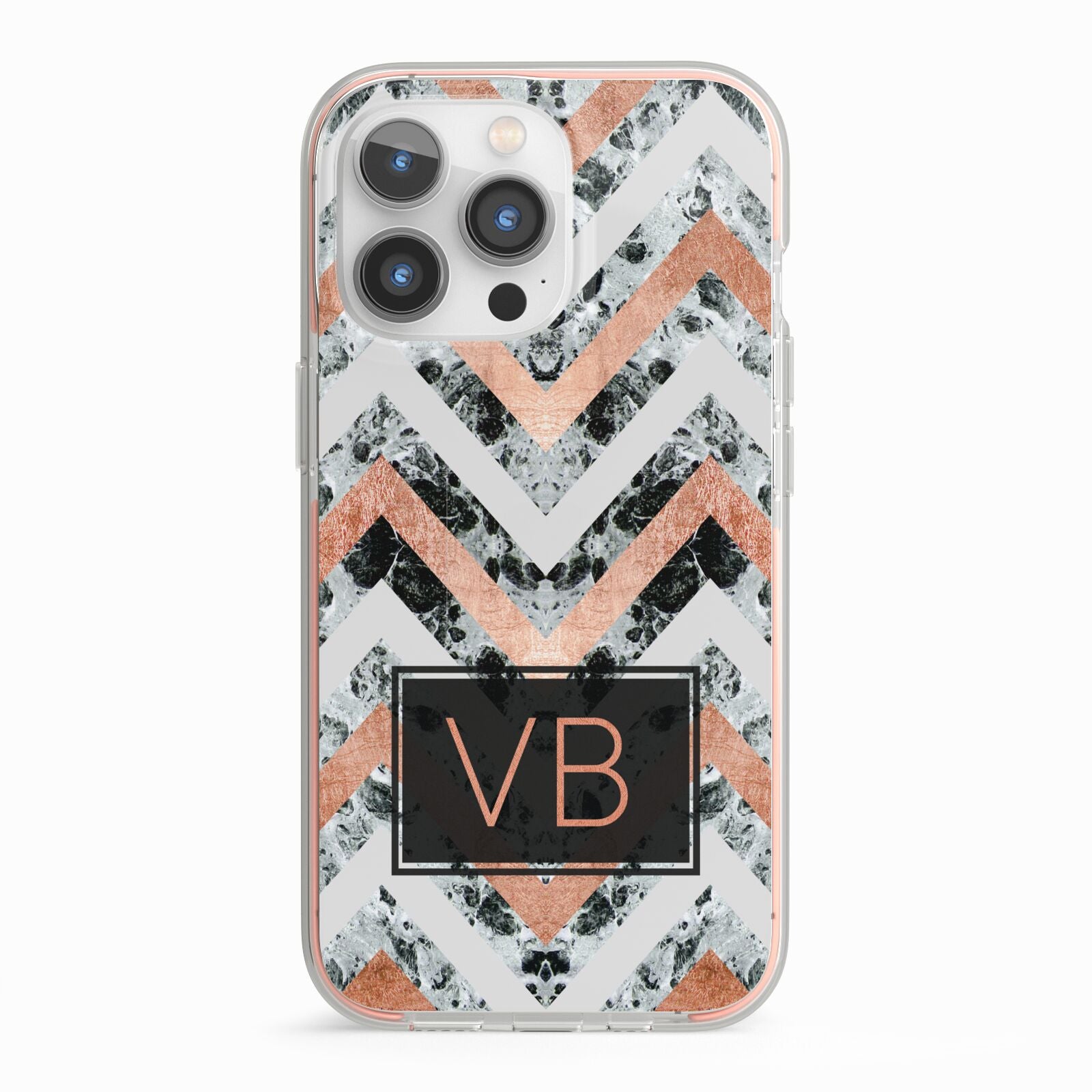 Personalised Chevron Marble Initials iPhone 13 Pro TPU Impact Case with Pink Edges