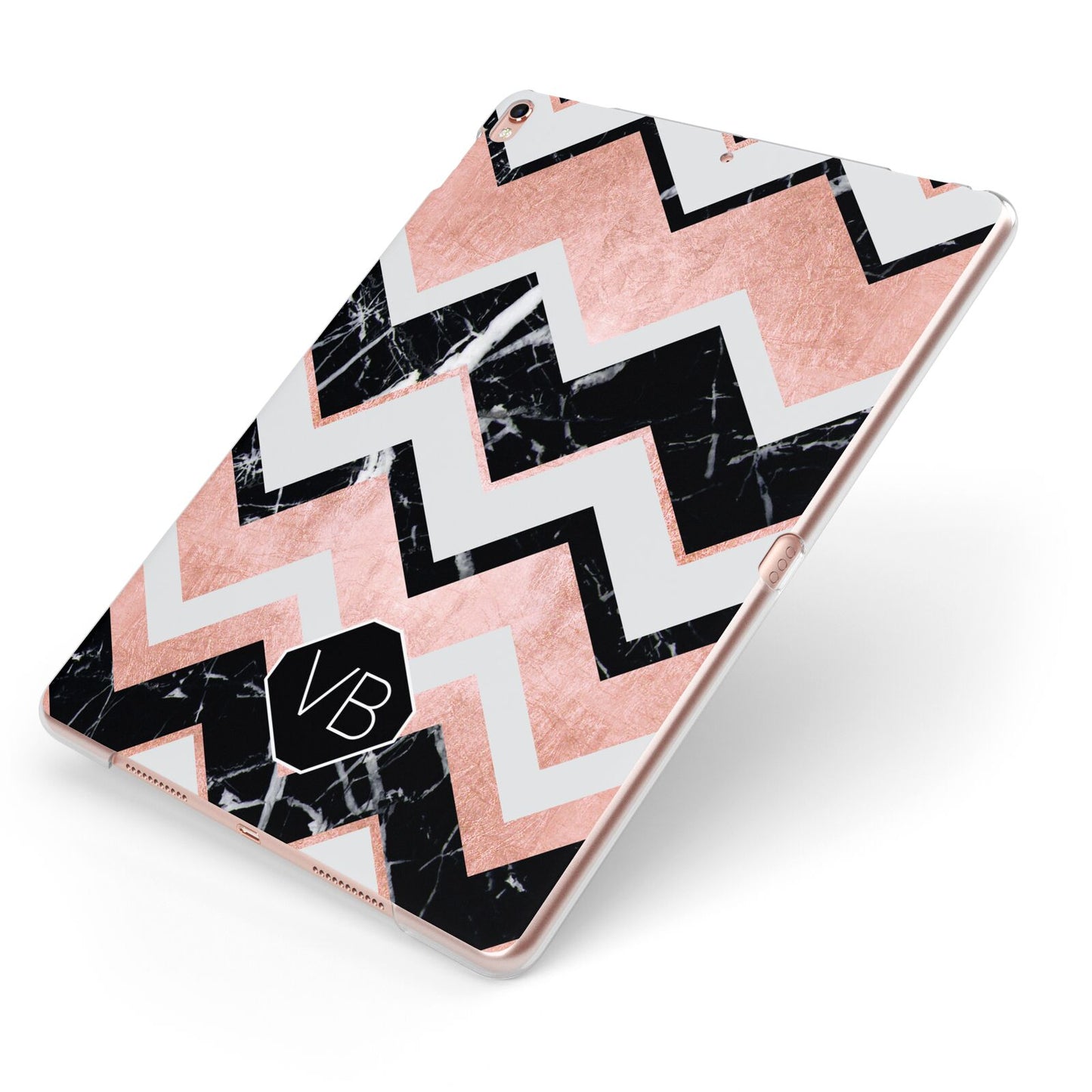 Personalised Chevron Marbled Initials Apple iPad Case on Rose Gold iPad Side View