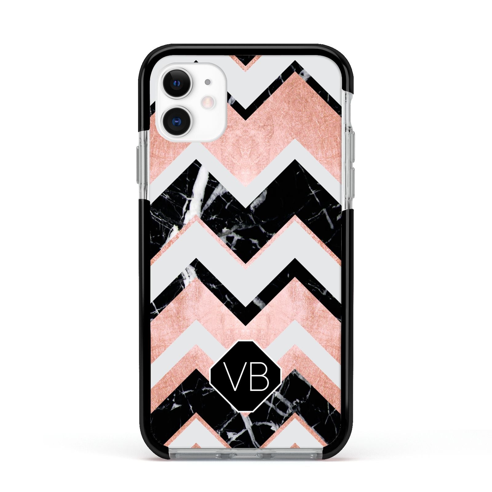 Personalised Chevron Marbled Initials Apple iPhone 11 in White with Black Impact Case