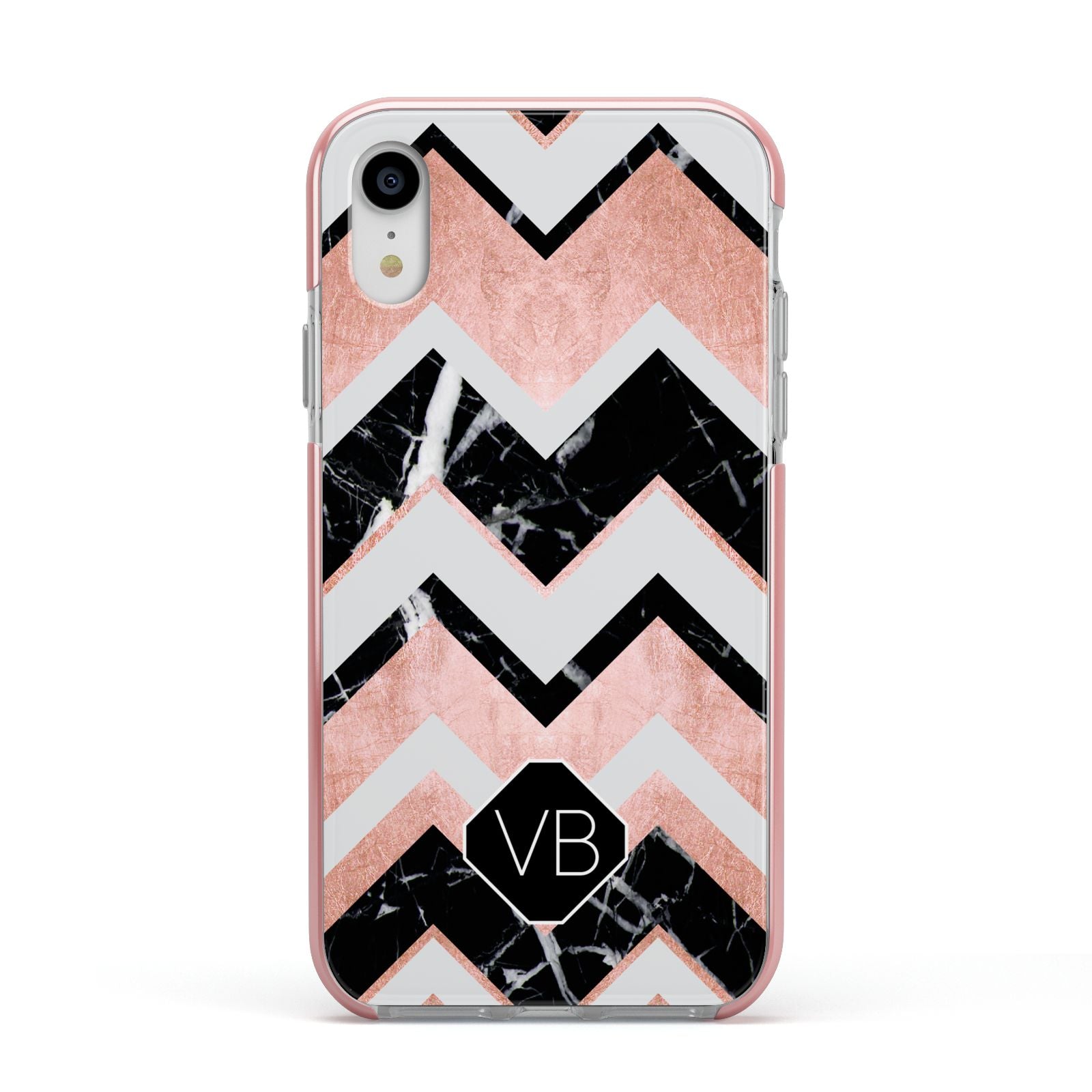 Personalised Chevron Marbled Initials Apple iPhone XR Impact Case Pink Edge on Silver Phone