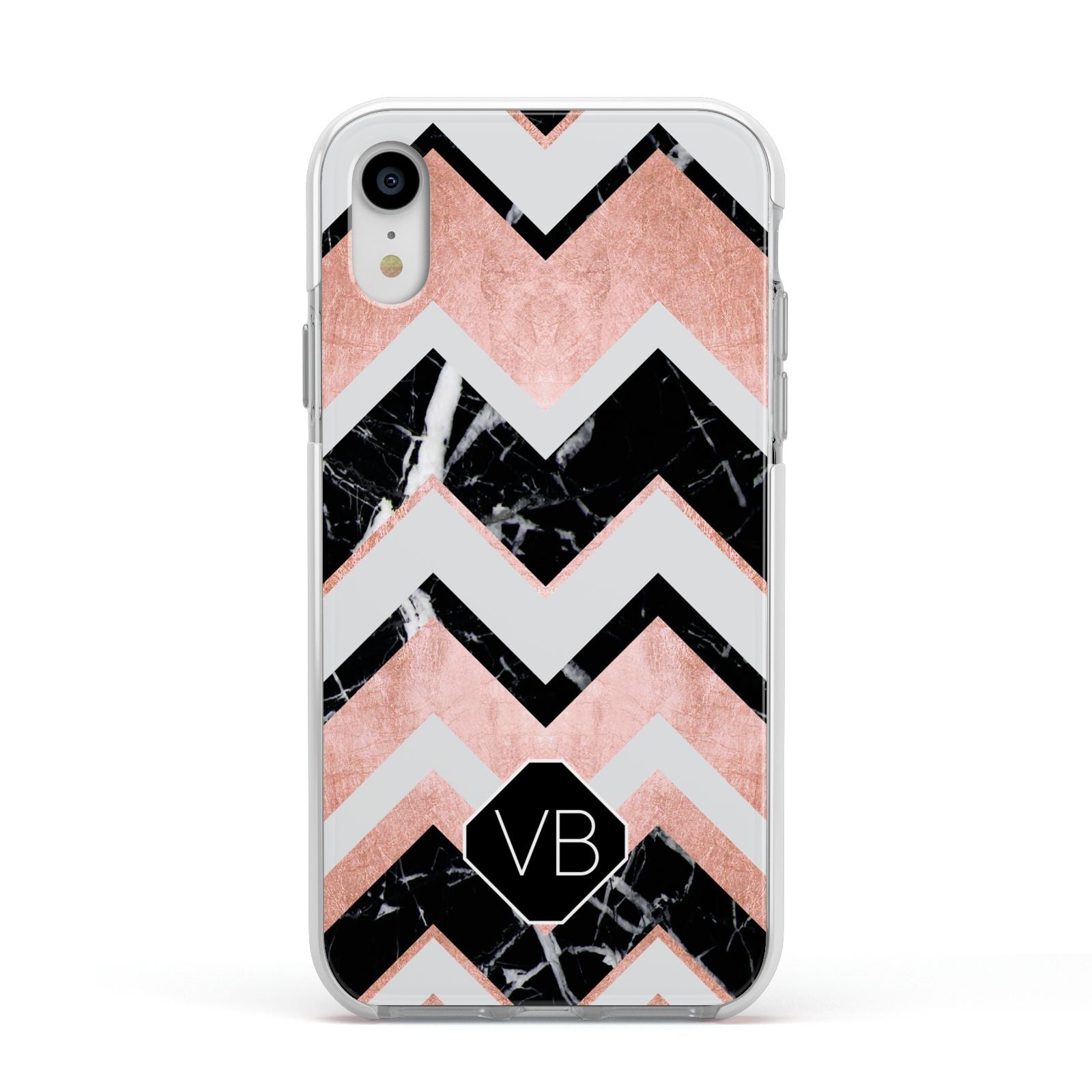 Personalised Chevron Marbled Initials Apple iPhone XR Impact Case White Edge on Silver Phone