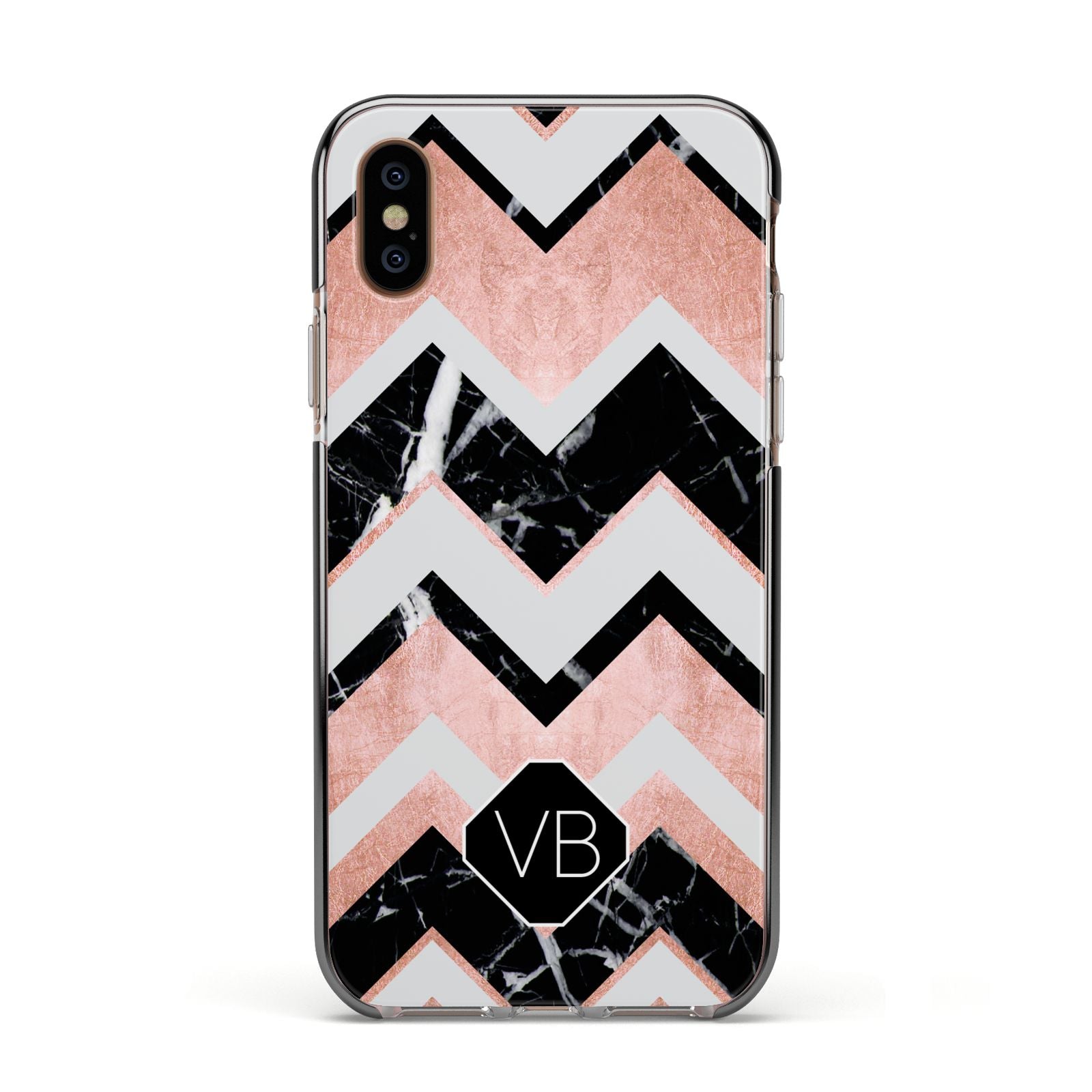 Personalised Chevron Marbled Initials Apple iPhone Xs Impact Case Black Edge on Gold Phone