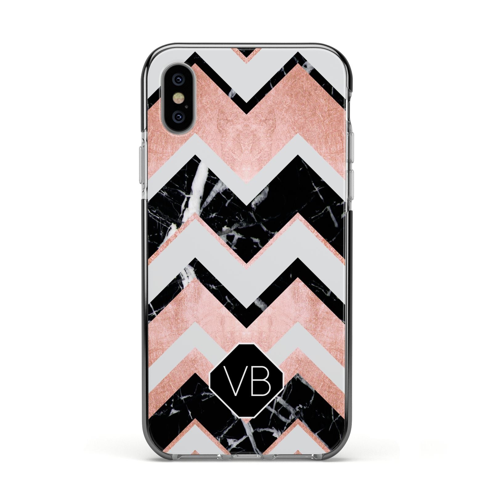 Personalised Chevron Marbled Initials Apple iPhone Xs Impact Case Black Edge on Silver Phone