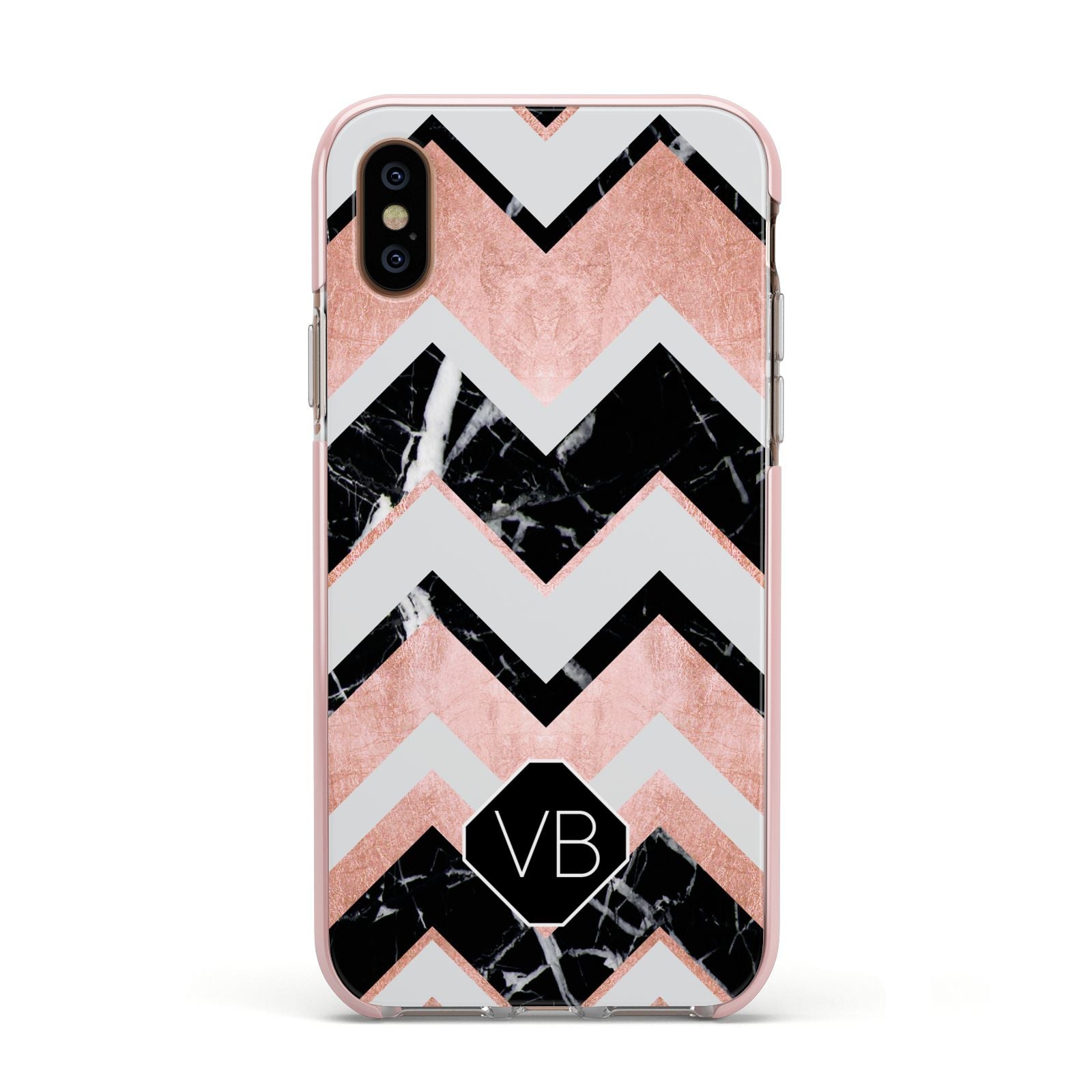 Personalised Chevron Marbled Initials Apple iPhone Xs Impact Case Pink Edge on Gold Phone