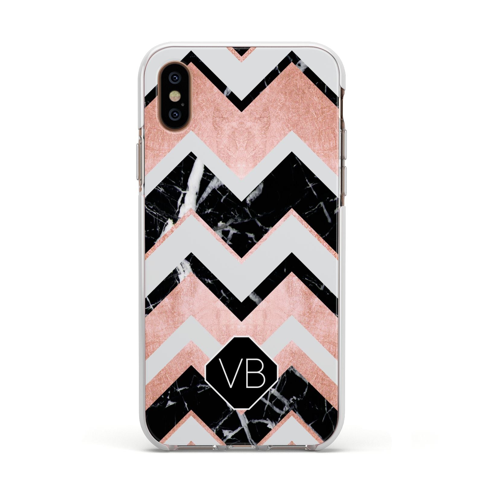 Personalised Chevron Marbled Initials Apple iPhone Xs Impact Case White Edge on Gold Phone