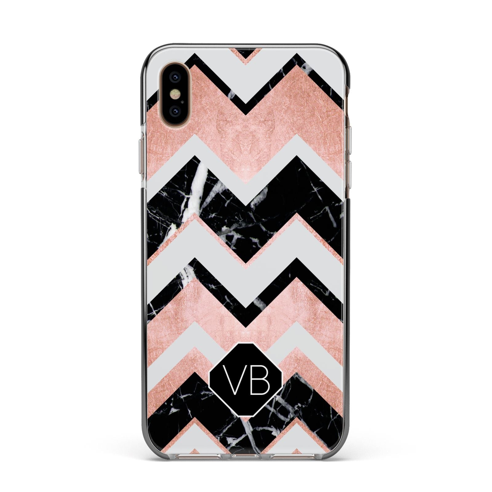 Personalised Chevron Marbled Initials Apple iPhone Xs Max Impact Case Black Edge on Gold Phone
