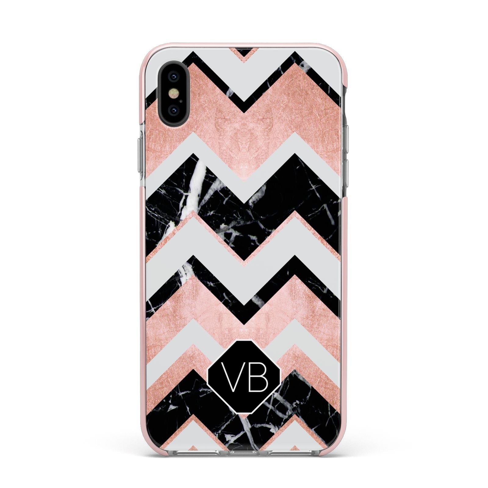 Personalised Chevron Marbled Initials Apple iPhone Xs Max Impact Case Pink Edge on Black Phone