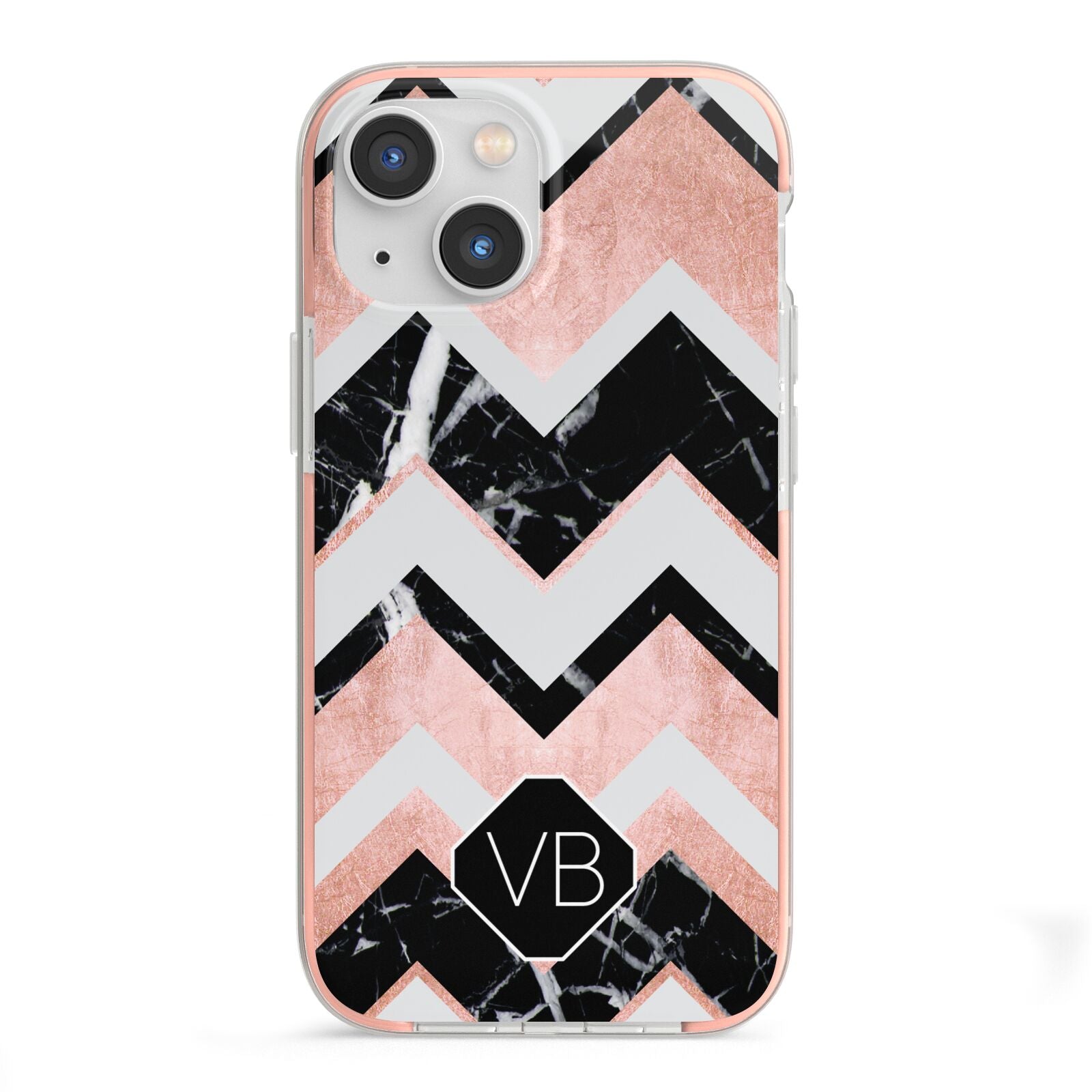 Personalised Chevron Marbled Initials iPhone 13 Mini TPU Impact Case with Pink Edges