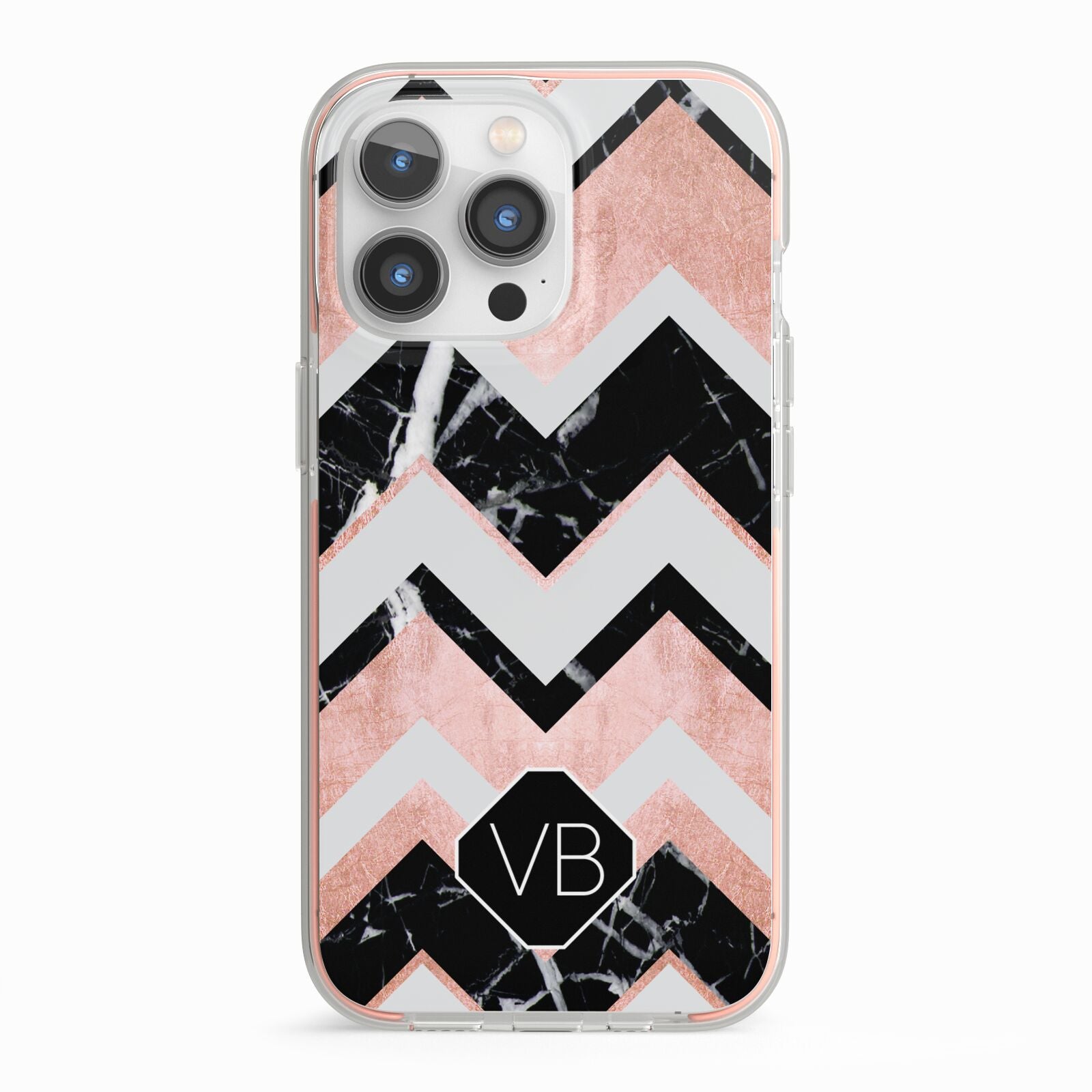 Personalised Chevron Marbled Initials iPhone 13 Pro TPU Impact Case with Pink Edges