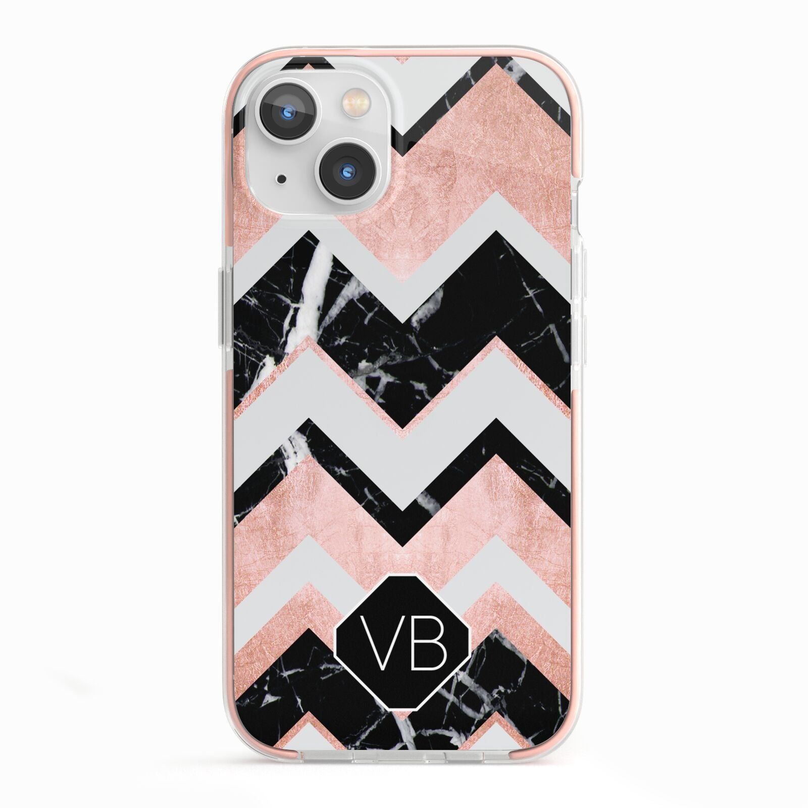 Personalised Chevron Marbled Initials iPhone 13 TPU Impact Case with Pink Edges