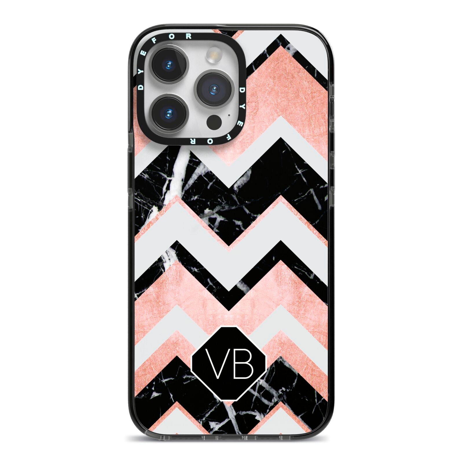Personalised Chevron Marbled Initials iPhone 14 Pro Max Black Impact Case on Silver phone