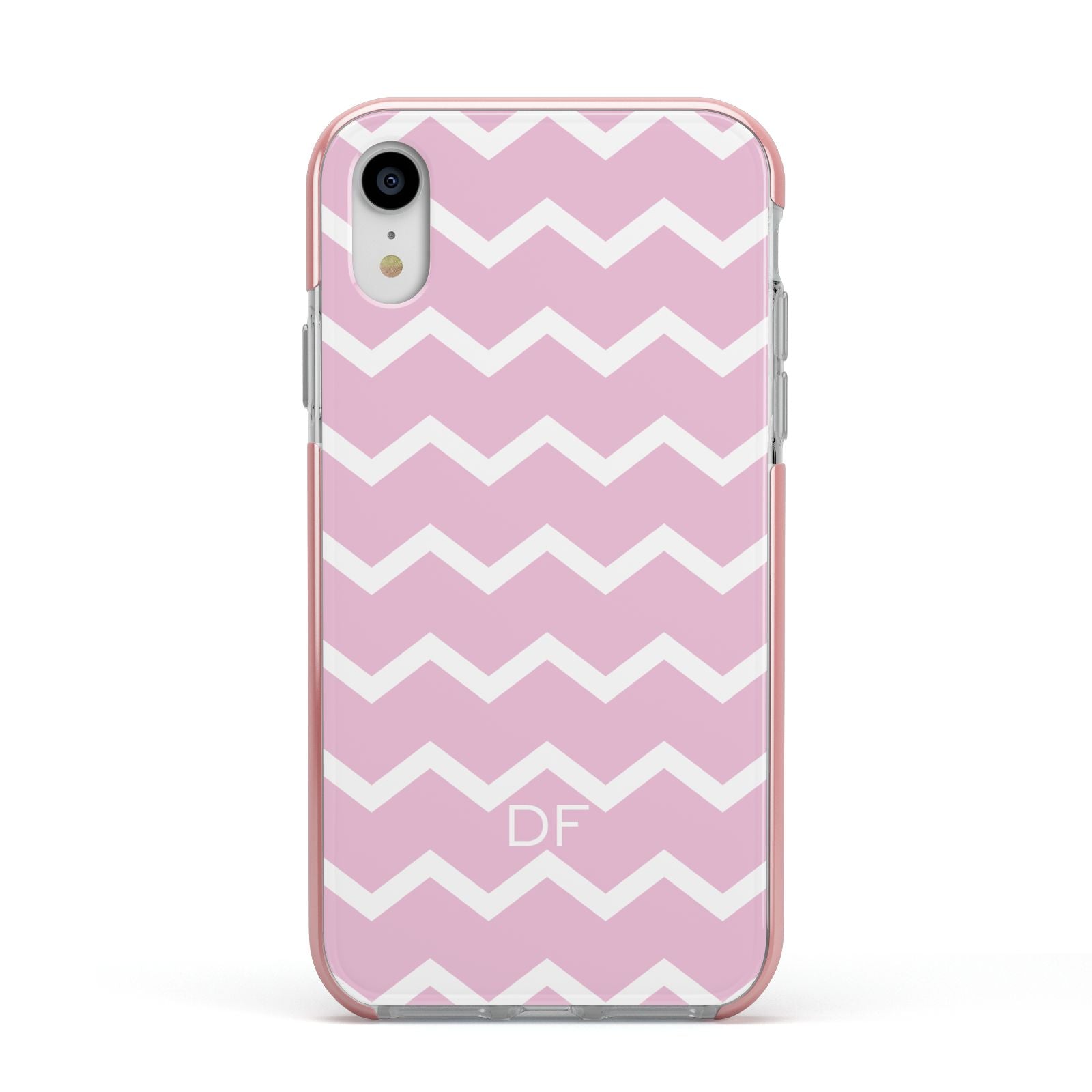 Personalised Chevron Pink Apple iPhone XR Impact Case Pink Edge on Silver Phone