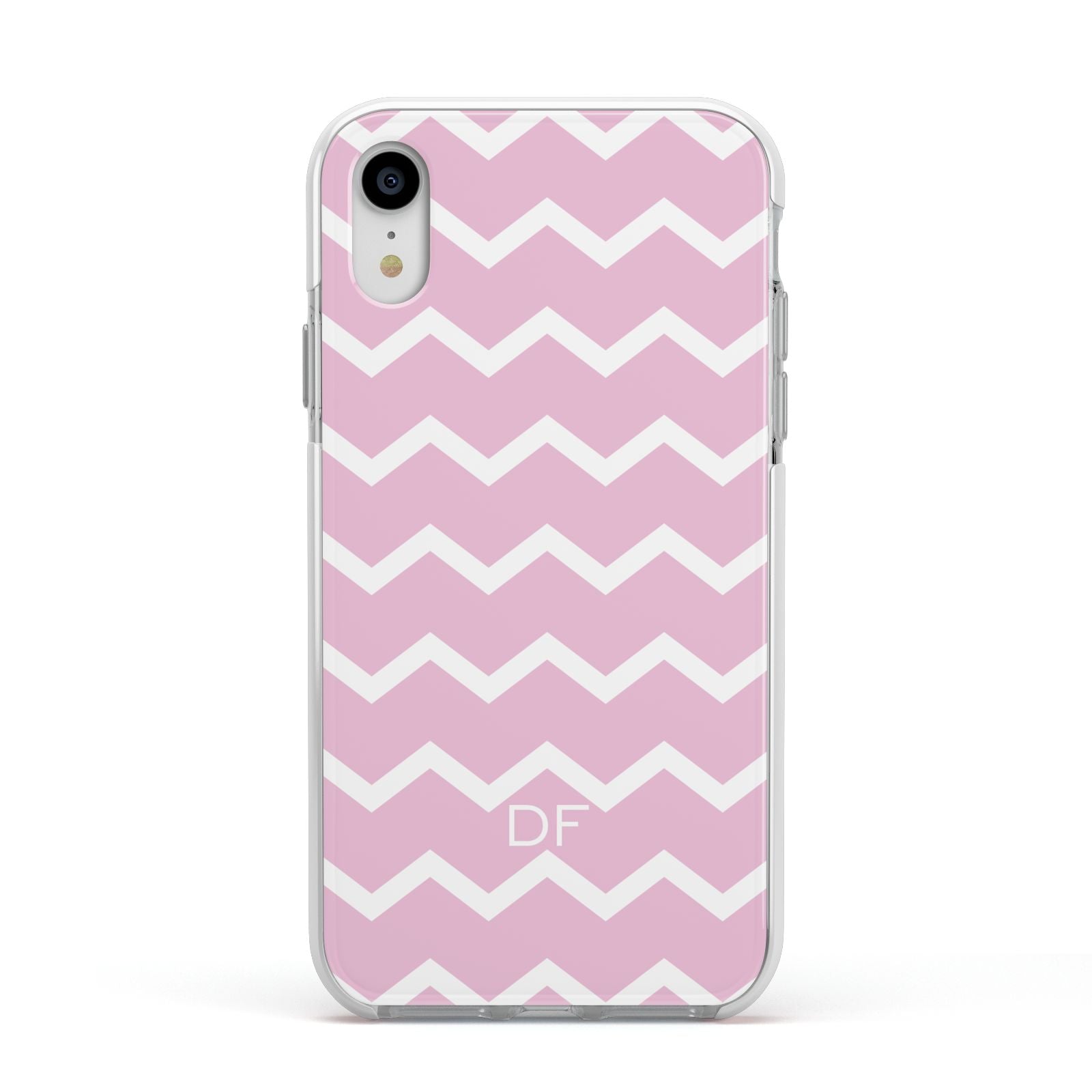 Personalised Chevron Pink Apple iPhone XR Impact Case White Edge on Silver Phone