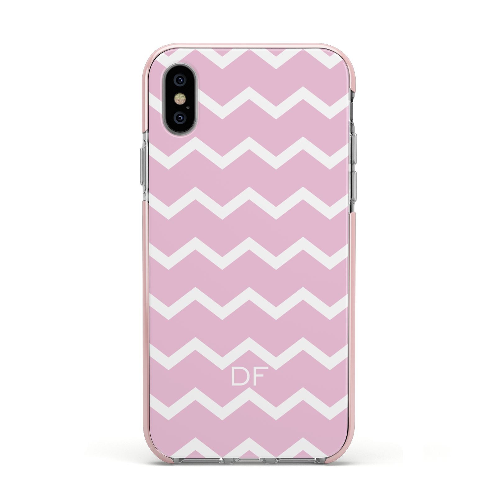 Personalised Chevron Pink Apple iPhone Xs Impact Case Pink Edge on Silver Phone