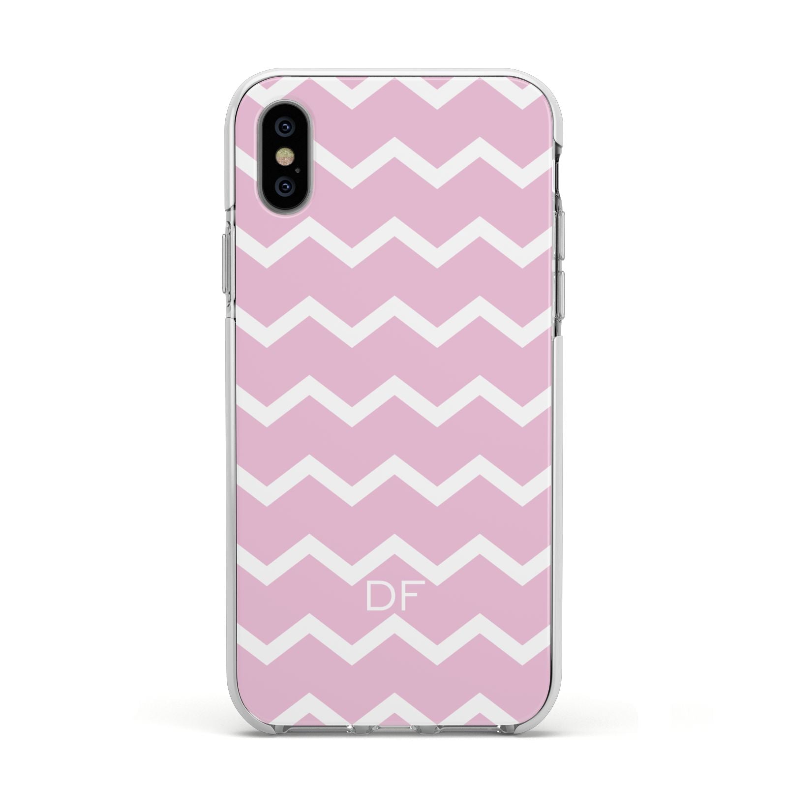 Personalised Chevron Pink Apple iPhone Xs Impact Case White Edge on Silver Phone
