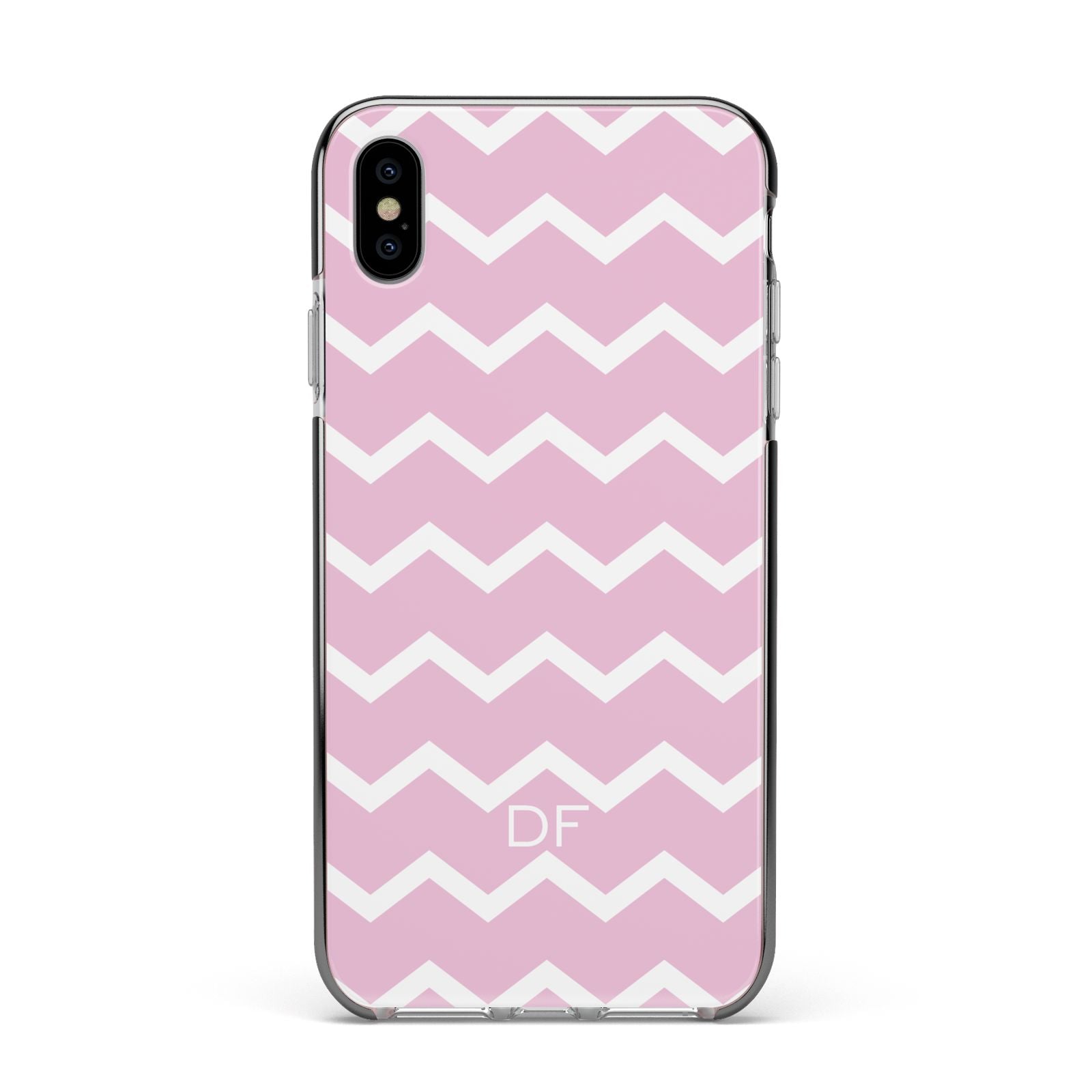 Personalised Chevron Pink Apple iPhone Xs Max Impact Case Black Edge on Silver Phone