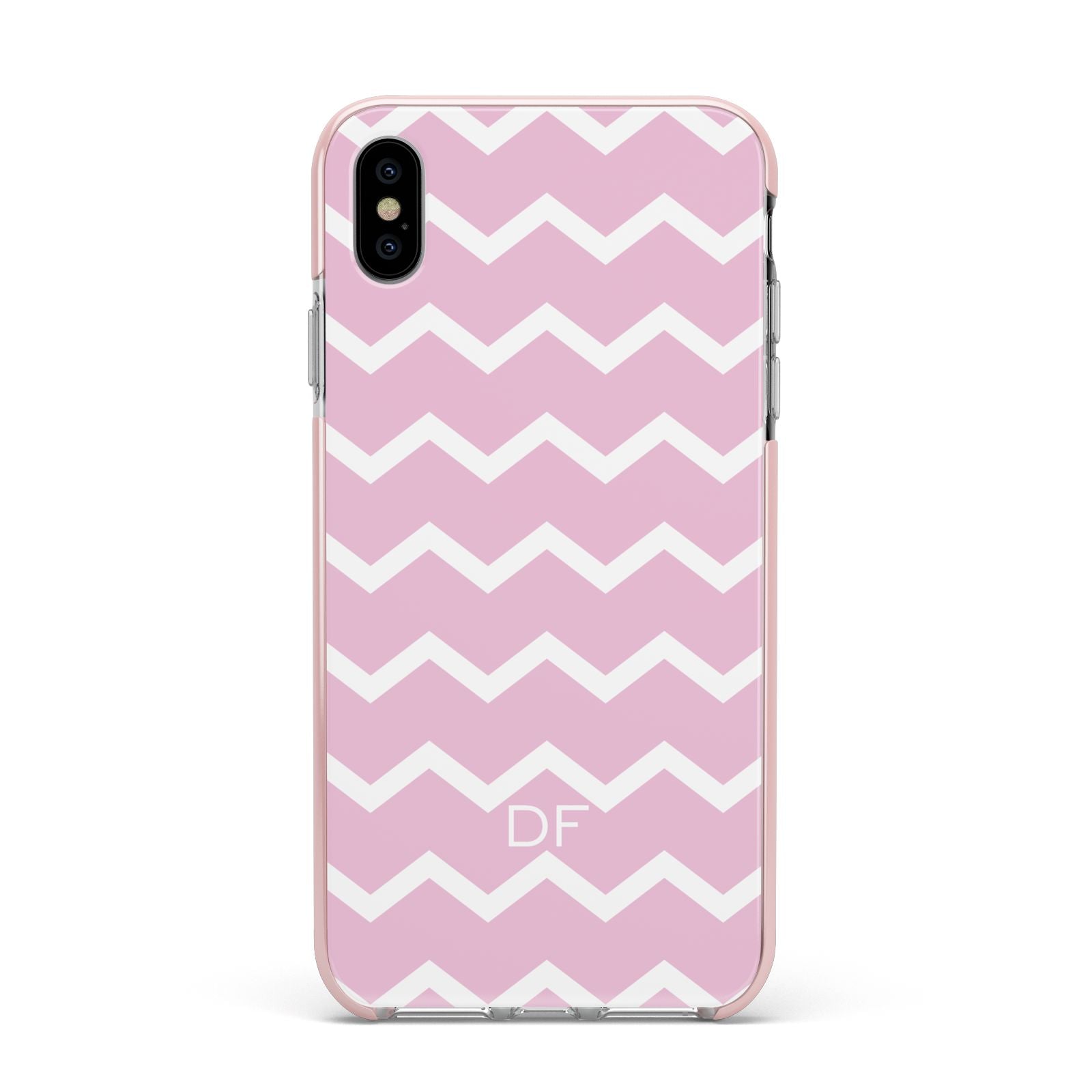 Personalised Chevron Pink Apple iPhone Xs Max Impact Case Pink Edge on Silver Phone
