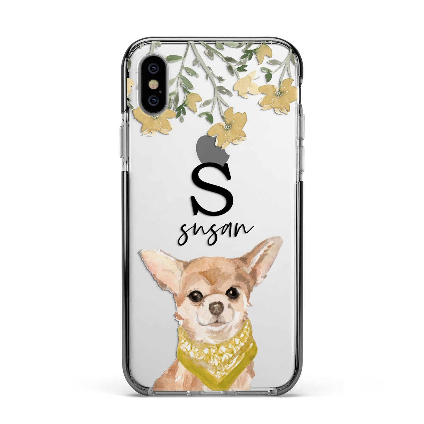 Personalised Chihuahua Dog Apple iPhone Xs Impact Case Black Edge on Silver Phone
