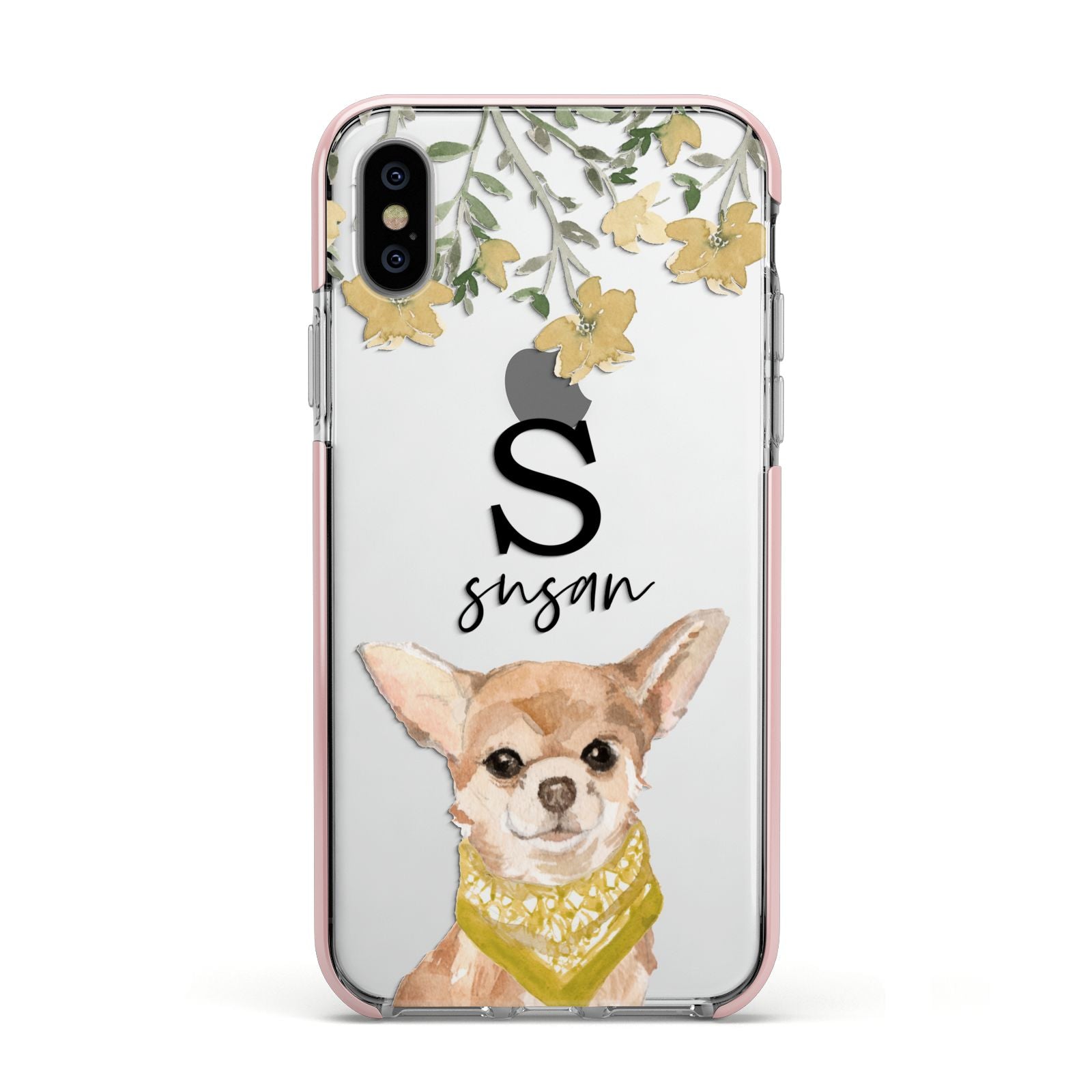Personalised Chihuahua Dog Apple iPhone Xs Impact Case Pink Edge on Silver Phone