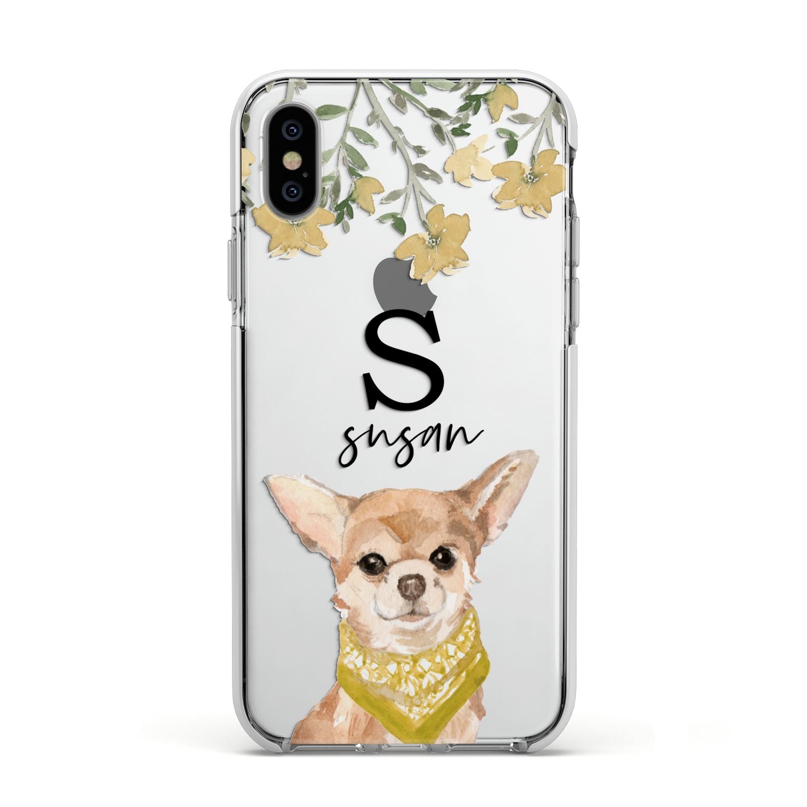 Personalised Chihuahua Dog Apple iPhone Xs Impact Case White Edge on Silver Phone