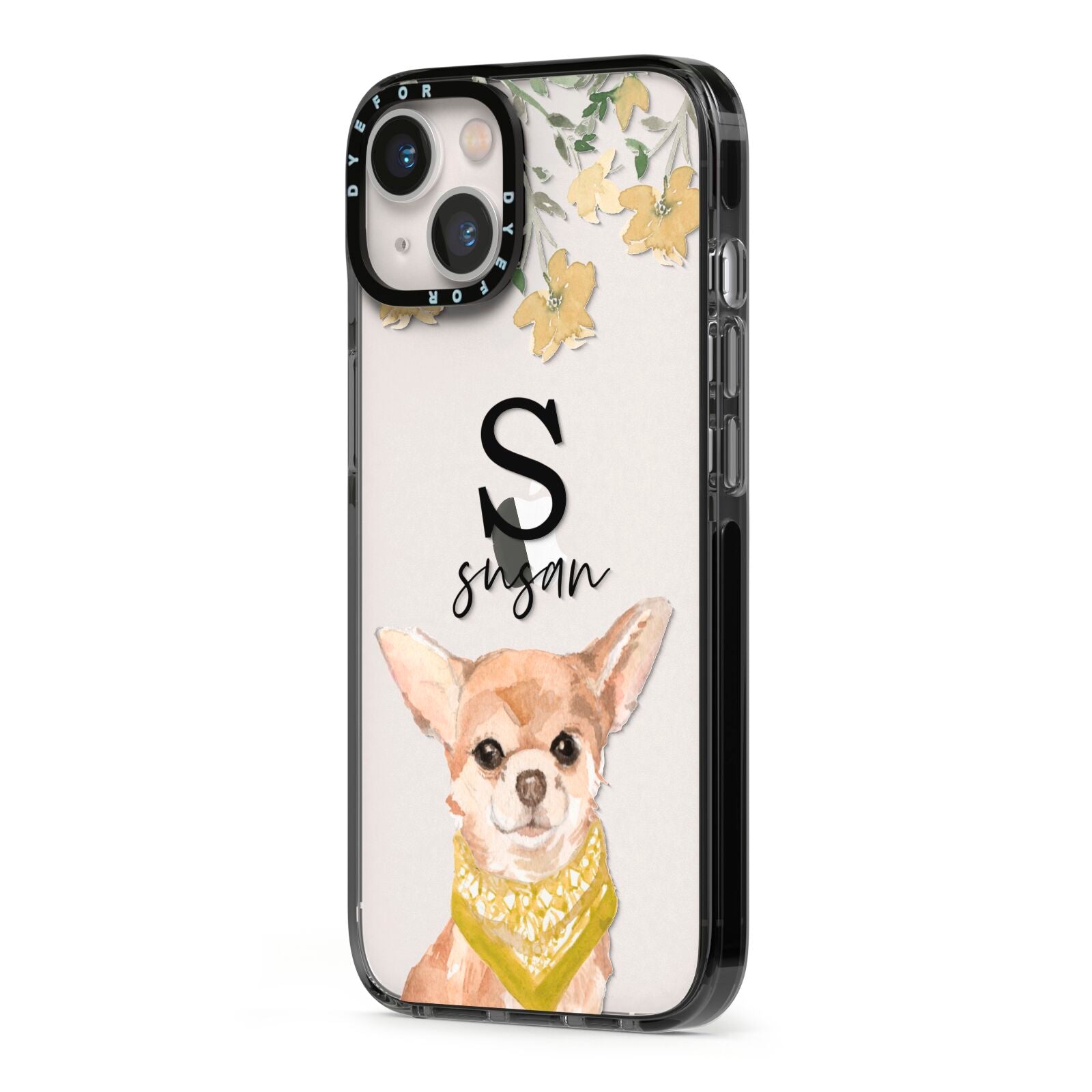Personalised Chihuahua Dog iPhone 13 Black Impact Case Side Angle on Silver phone