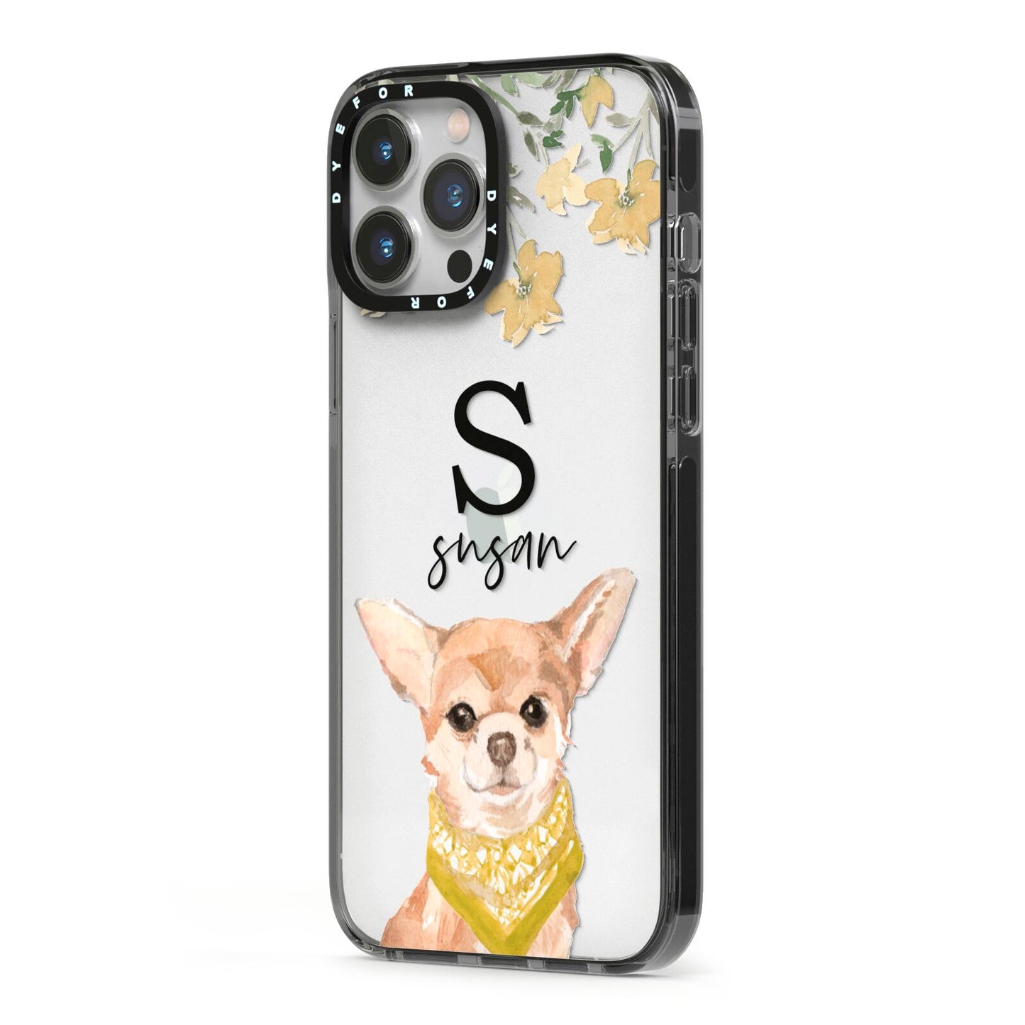 Personalised Chihuahua Dog iPhone 13 Pro Max Black Impact Case Side Angle on Silver phone