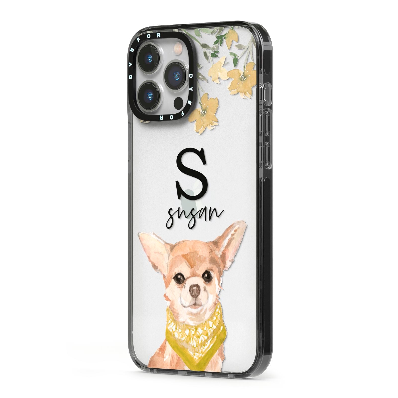 Personalised Chihuahua Dog iPhone 13 Pro Max Black Impact Case Side Angle on Silver phone