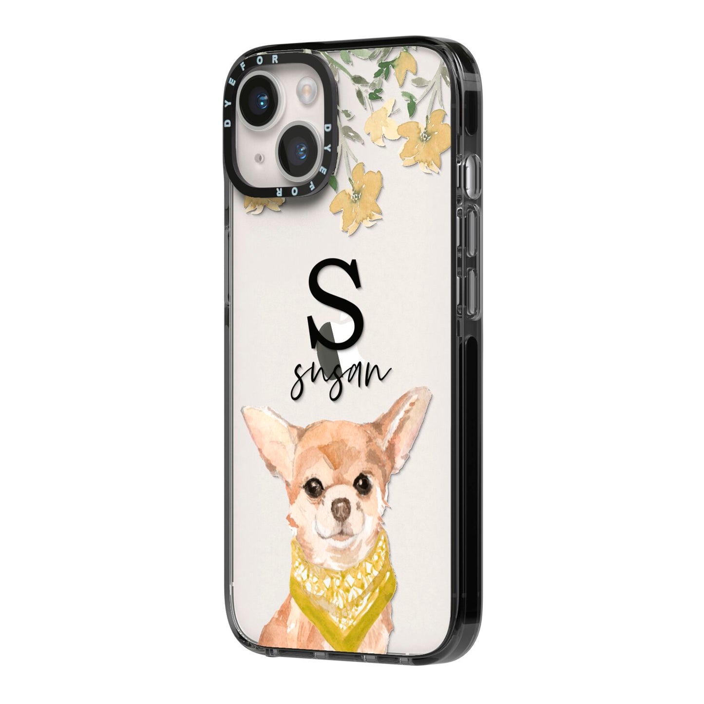 Personalised Chihuahua Dog iPhone 14 Black Impact Case Side Angle on Silver phone