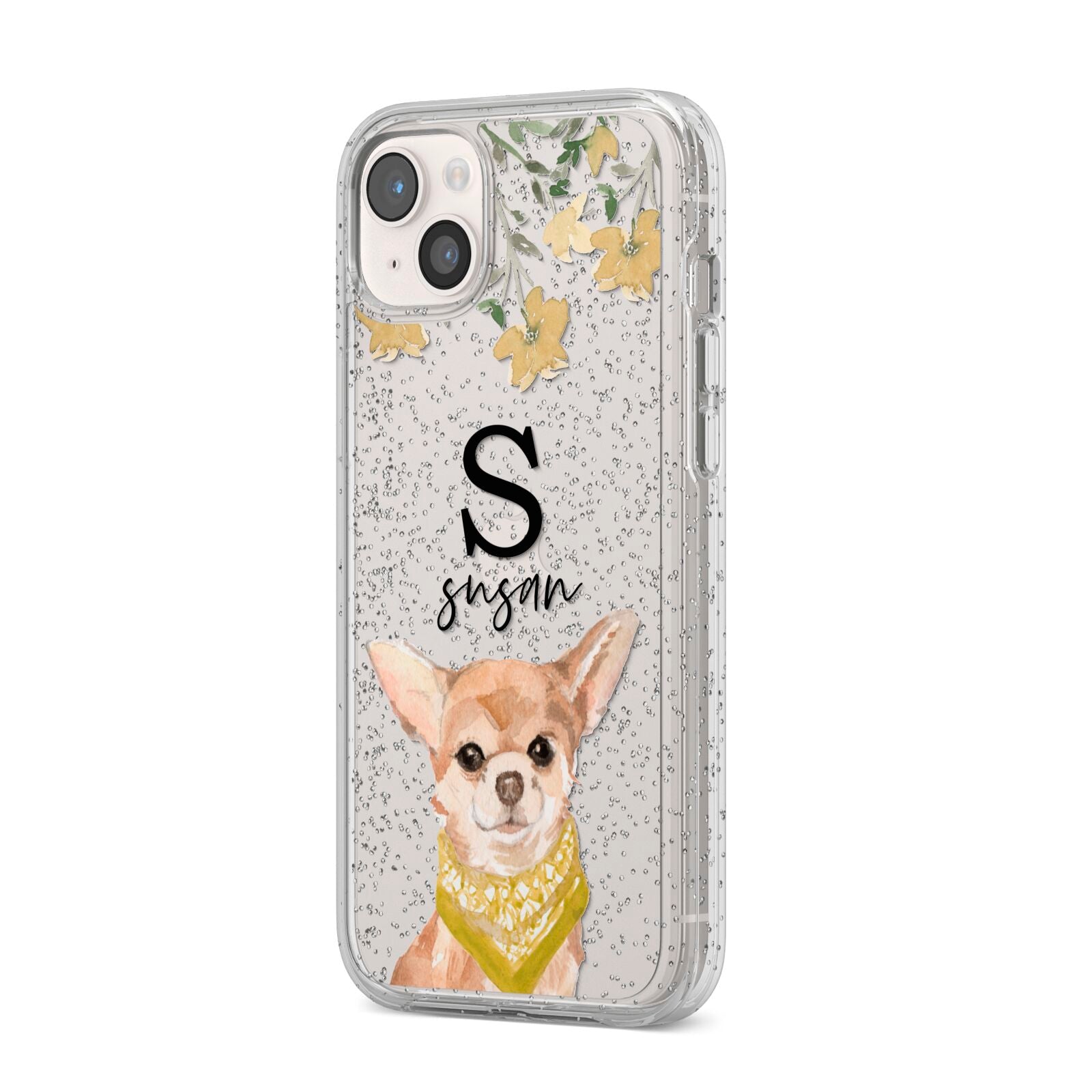 Personalised Chihuahua Dog iPhone 14 Plus Glitter Tough Case Starlight Angled Image