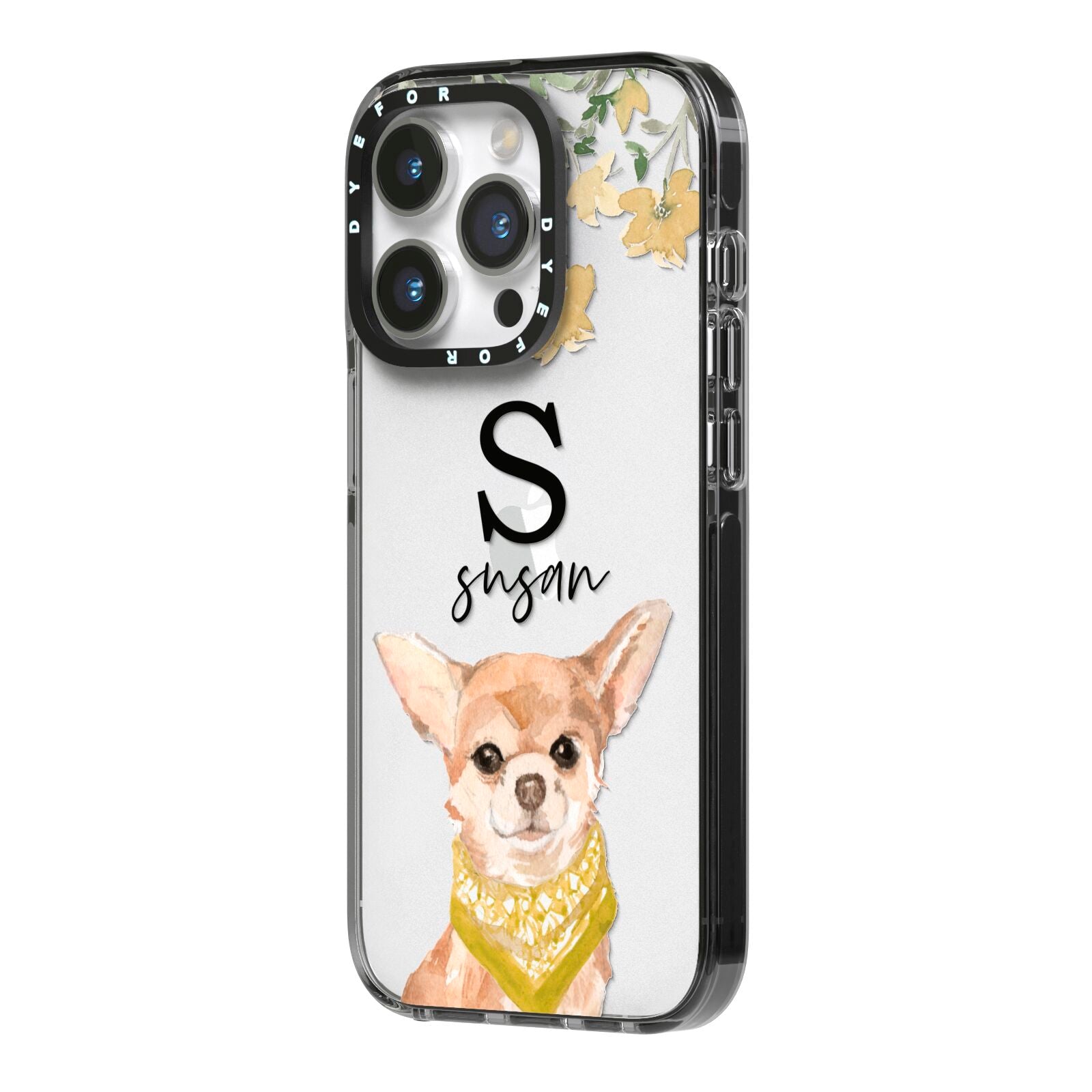 Personalised Chihuahua Dog iPhone 14 Pro Black Impact Case Side Angle on Silver phone