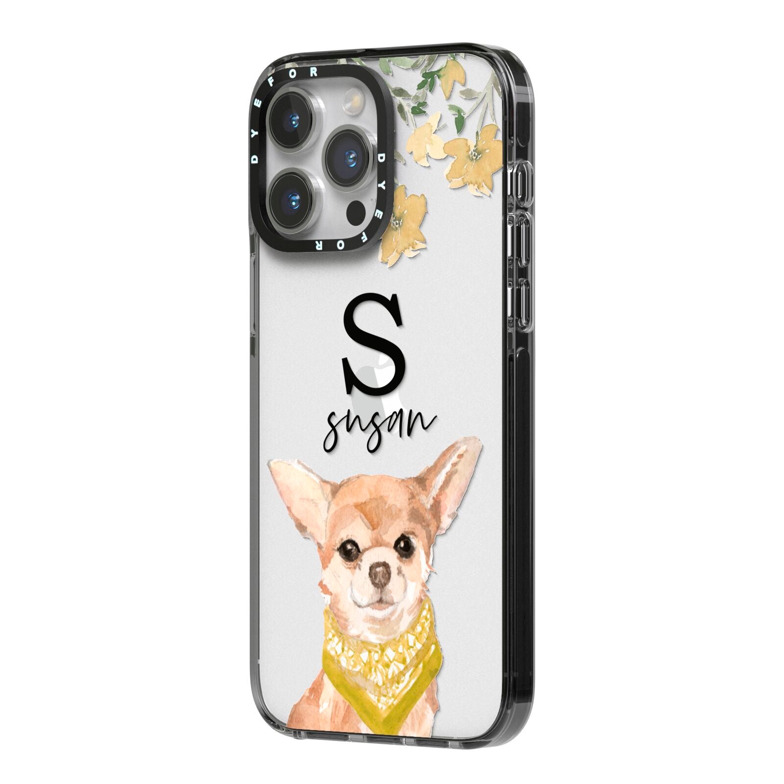 Personalised Chihuahua Dog iPhone 14 Pro Max Black Impact Case Side Angle on Silver phone