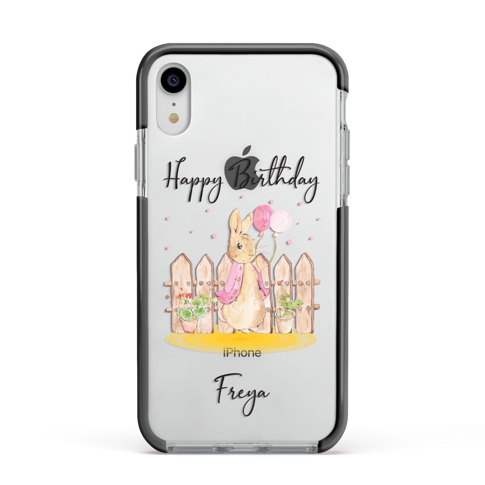 Personalised Children s Birthday Rabbit Apple iPhone XR Impact Case Black Edge on Silver Phone