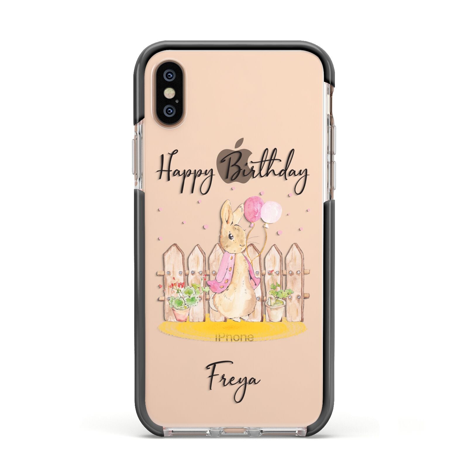 Personalised Children s Birthday Rabbit Apple iPhone Xs Impact Case Black Edge on Gold Phone
