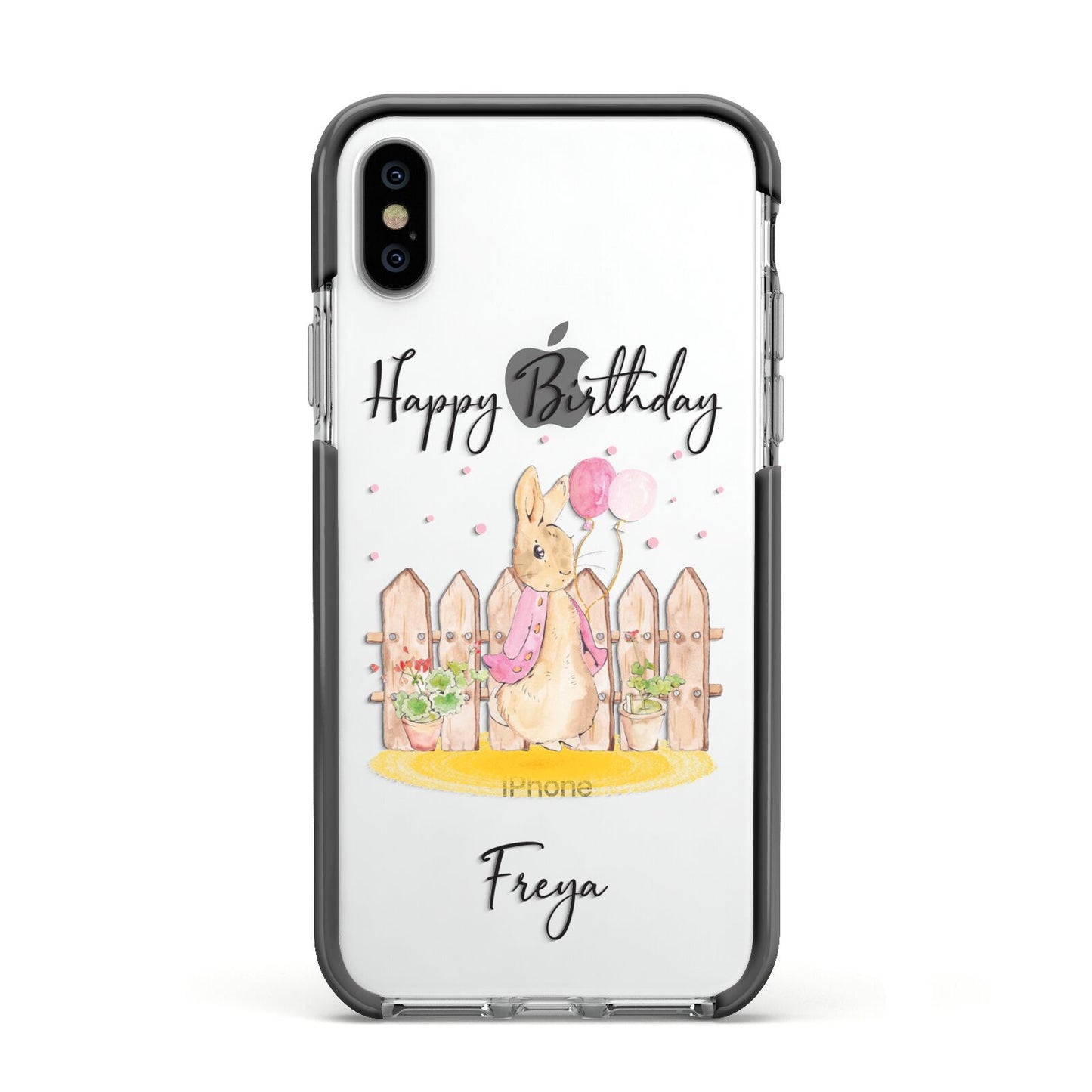 Personalised Children s Birthday Rabbit Apple iPhone Xs Impact Case Black Edge on Silver Phone