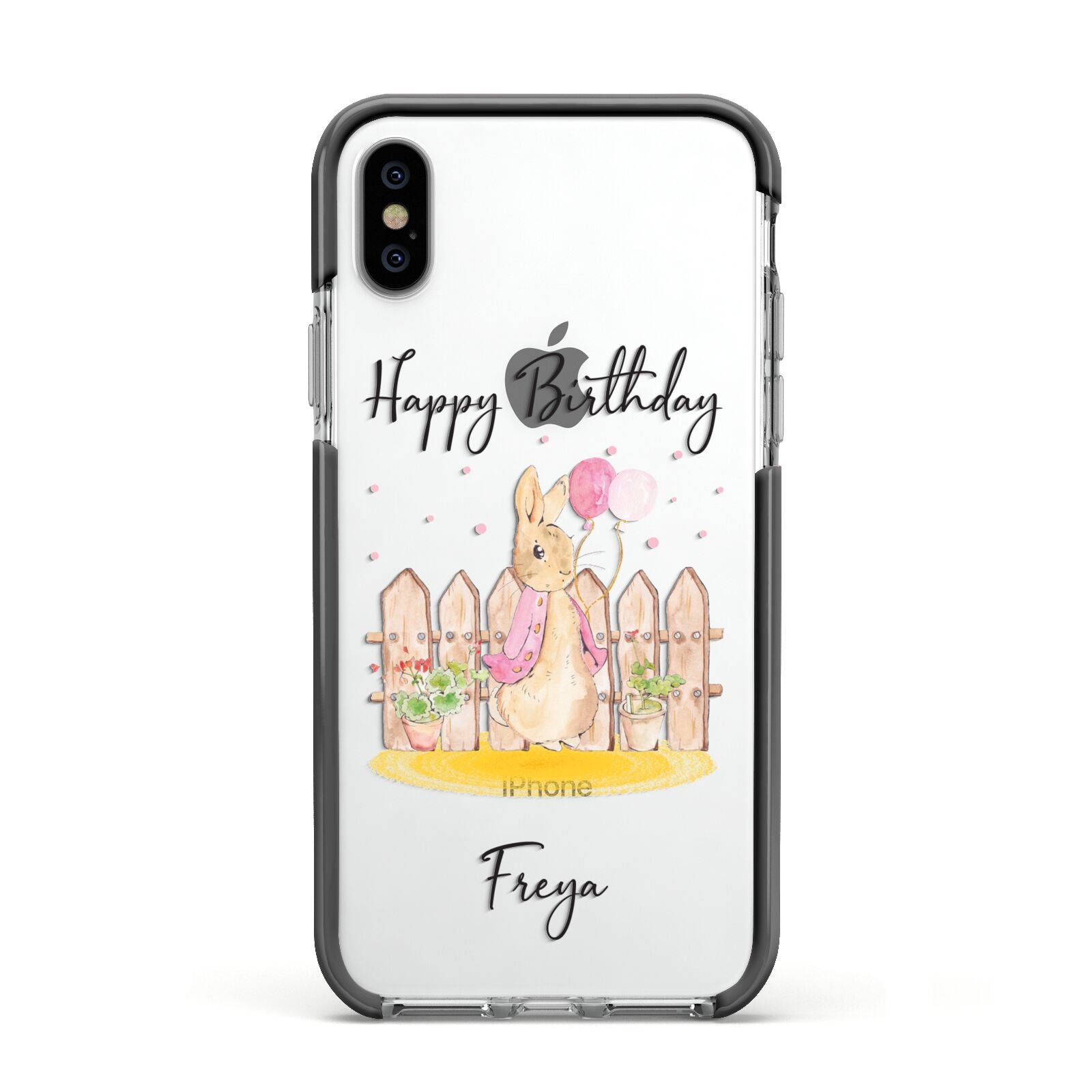 Personalised Children s Birthday Rabbit Apple iPhone Xs Impact Case Black Edge on Silver Phone