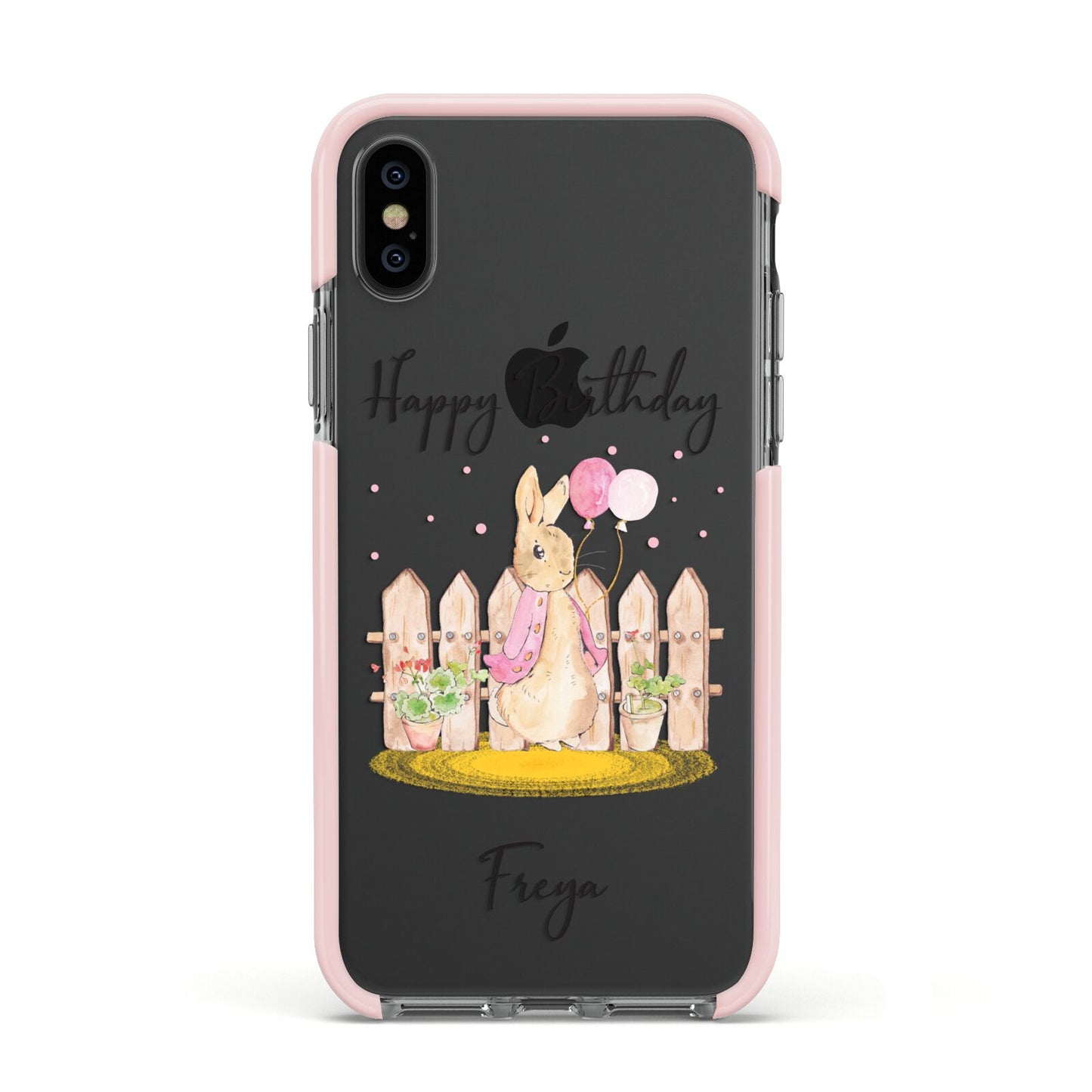 Personalised Children s Birthday Rabbit Apple iPhone Xs Impact Case Pink Edge on Black Phone