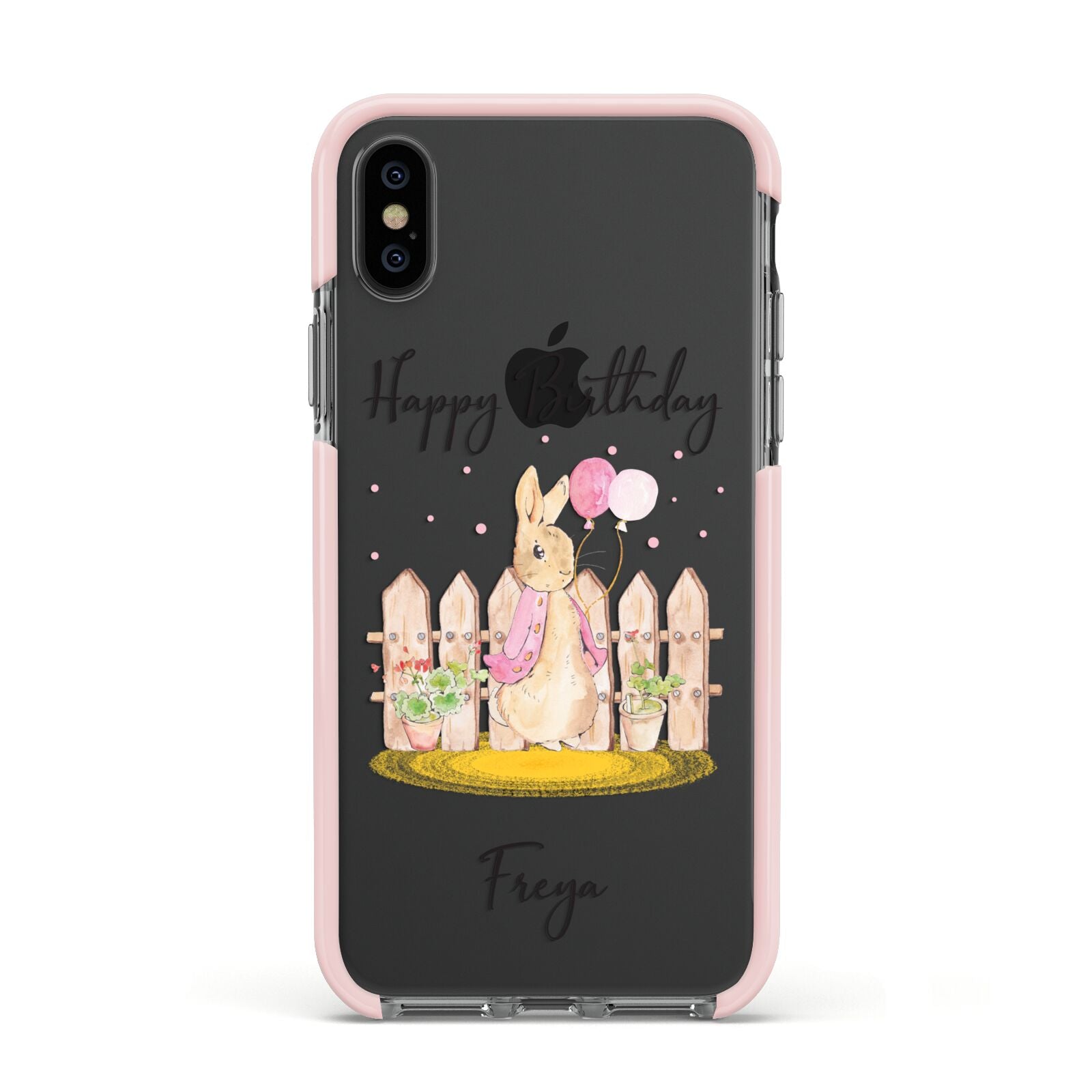 Personalised Children s Birthday Rabbit Apple iPhone Xs Impact Case Pink Edge on Black Phone