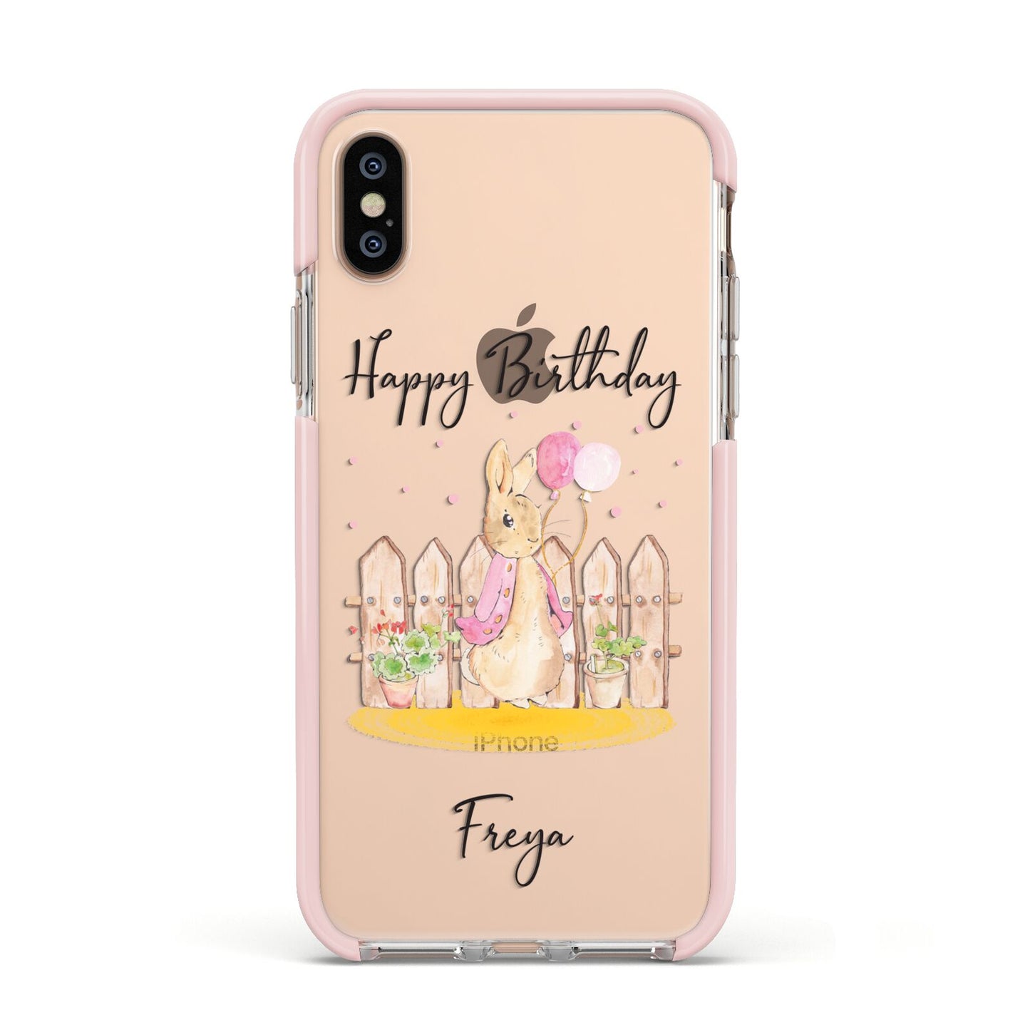 Personalised Children s Birthday Rabbit Apple iPhone Xs Impact Case Pink Edge on Gold Phone