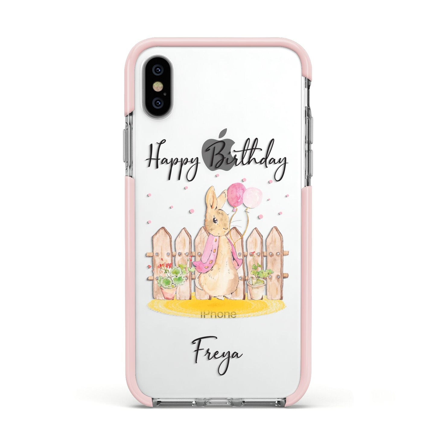 Personalised Children s Birthday Rabbit Apple iPhone Xs Impact Case Pink Edge on Silver Phone