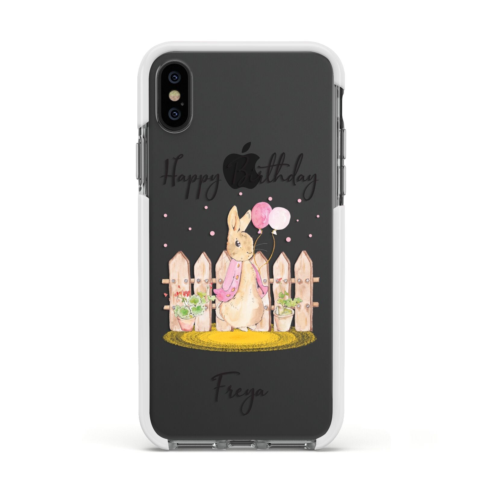 Personalised Children s Birthday Rabbit Apple iPhone Xs Impact Case White Edge on Black Phone