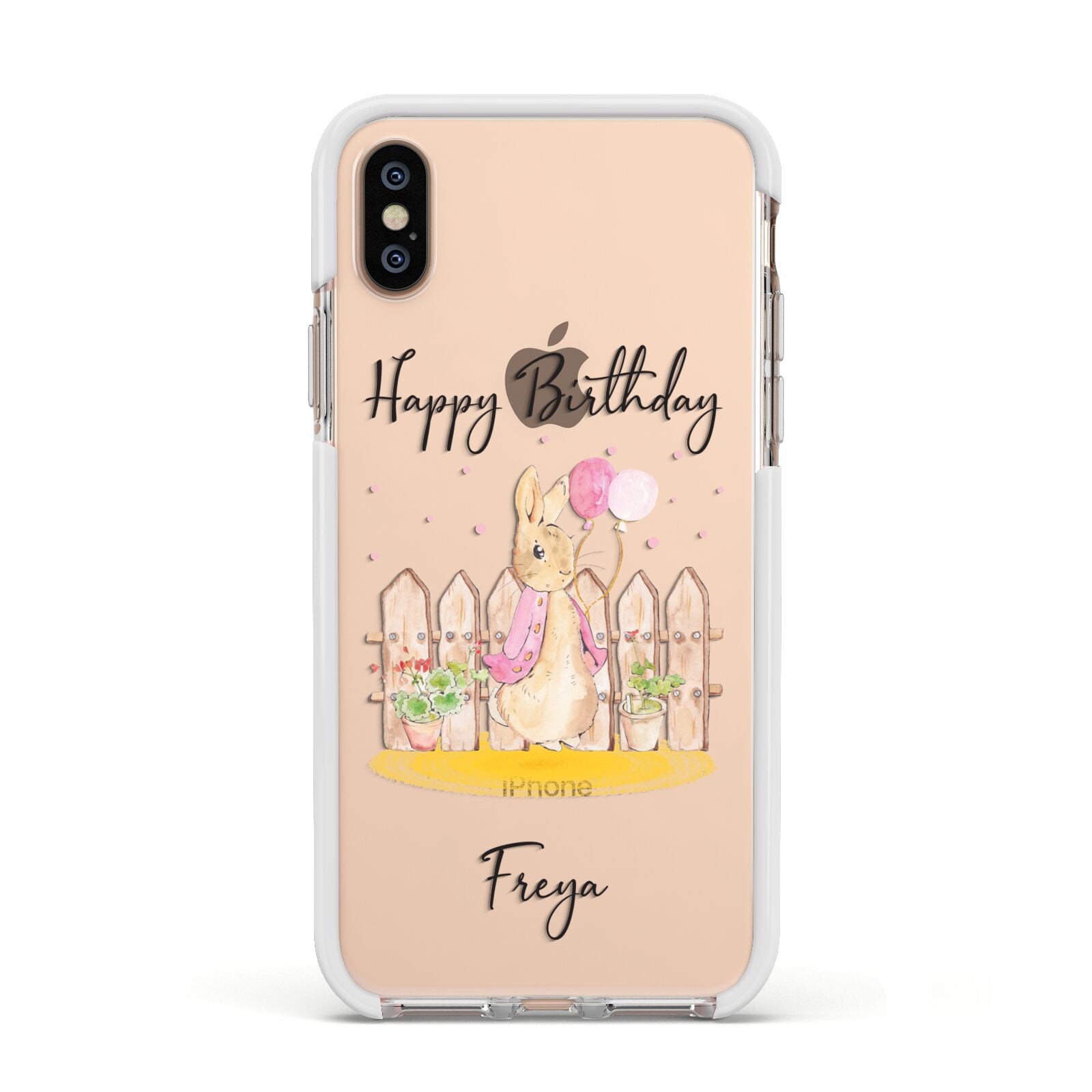Personalised Children s Birthday Rabbit Apple iPhone Xs Impact Case White Edge on Gold Phone