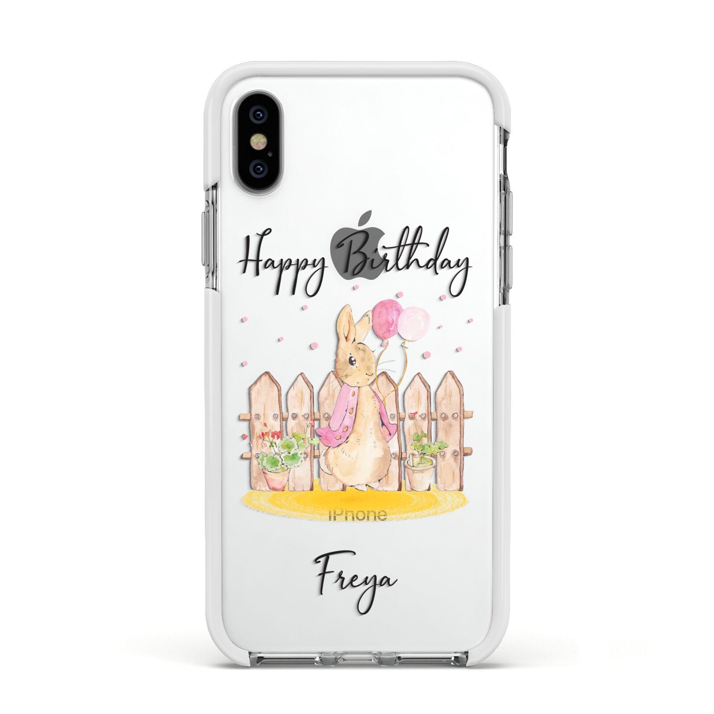 Personalised Children s Birthday Rabbit Apple iPhone Xs Impact Case White Edge on Silver Phone