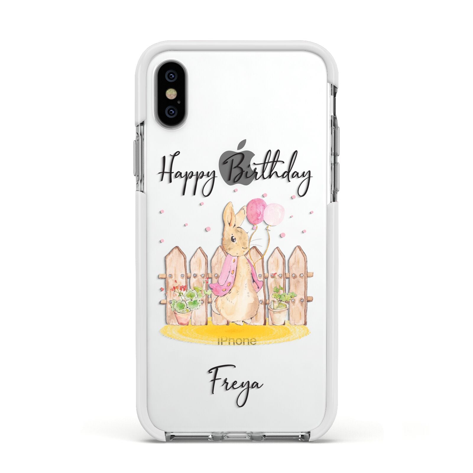 Personalised Children s Birthday Rabbit Apple iPhone Xs Impact Case White Edge on Silver Phone