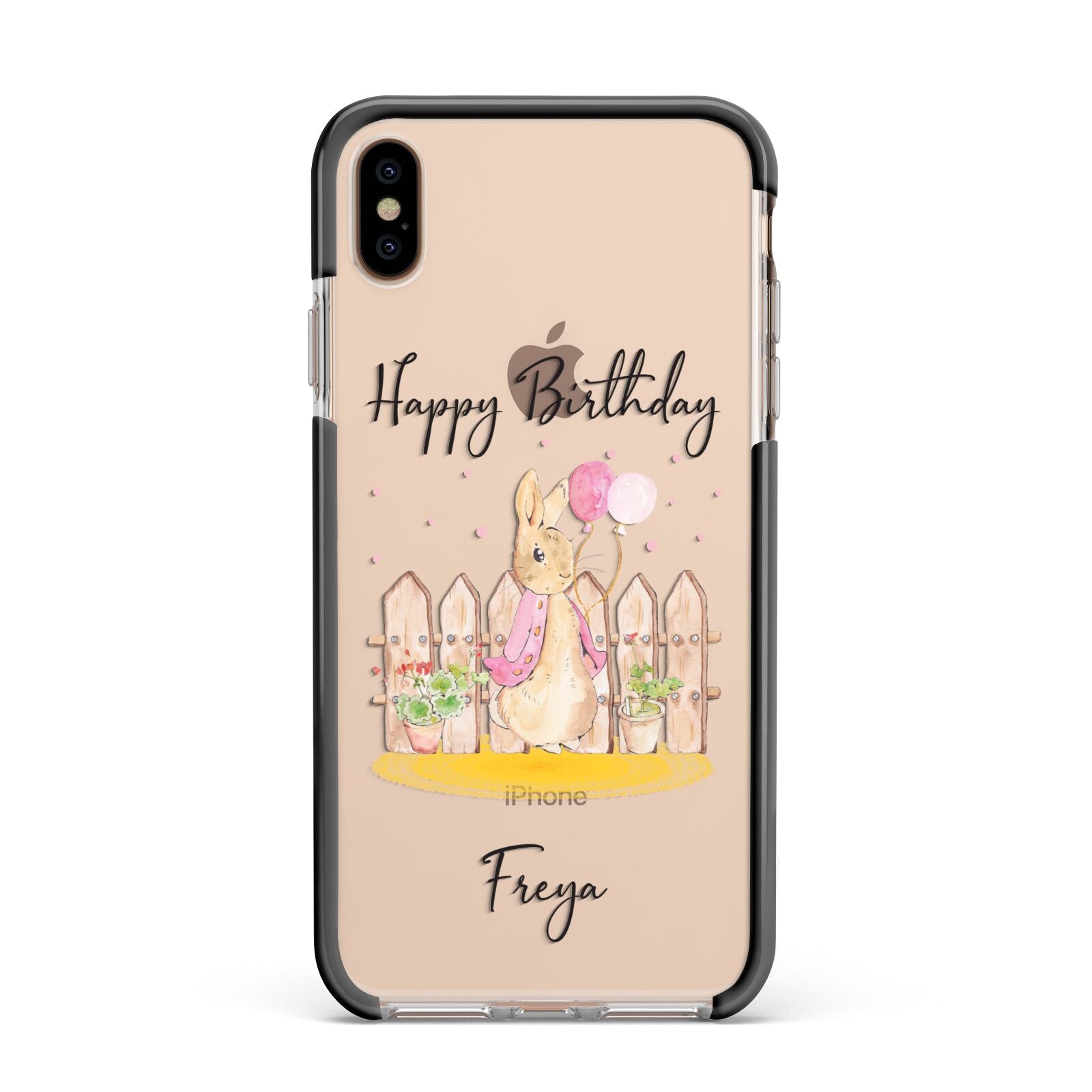 Personalised Children s Birthday Rabbit Apple iPhone Xs Max Impact Case Black Edge on Gold Phone
